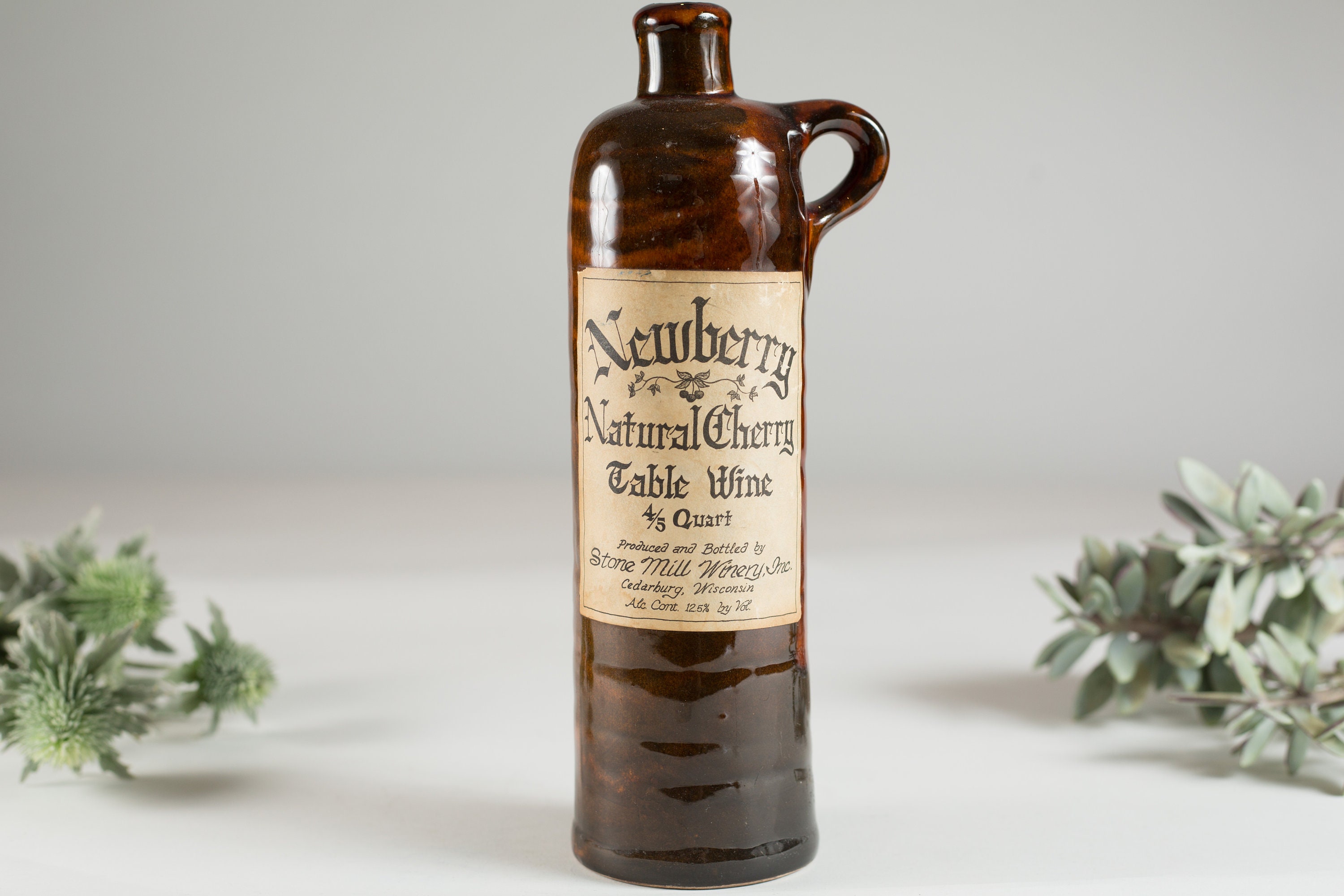 Brown Ceramic Bottle Newberry Natural Cherry Table Wine 4/5 Quart