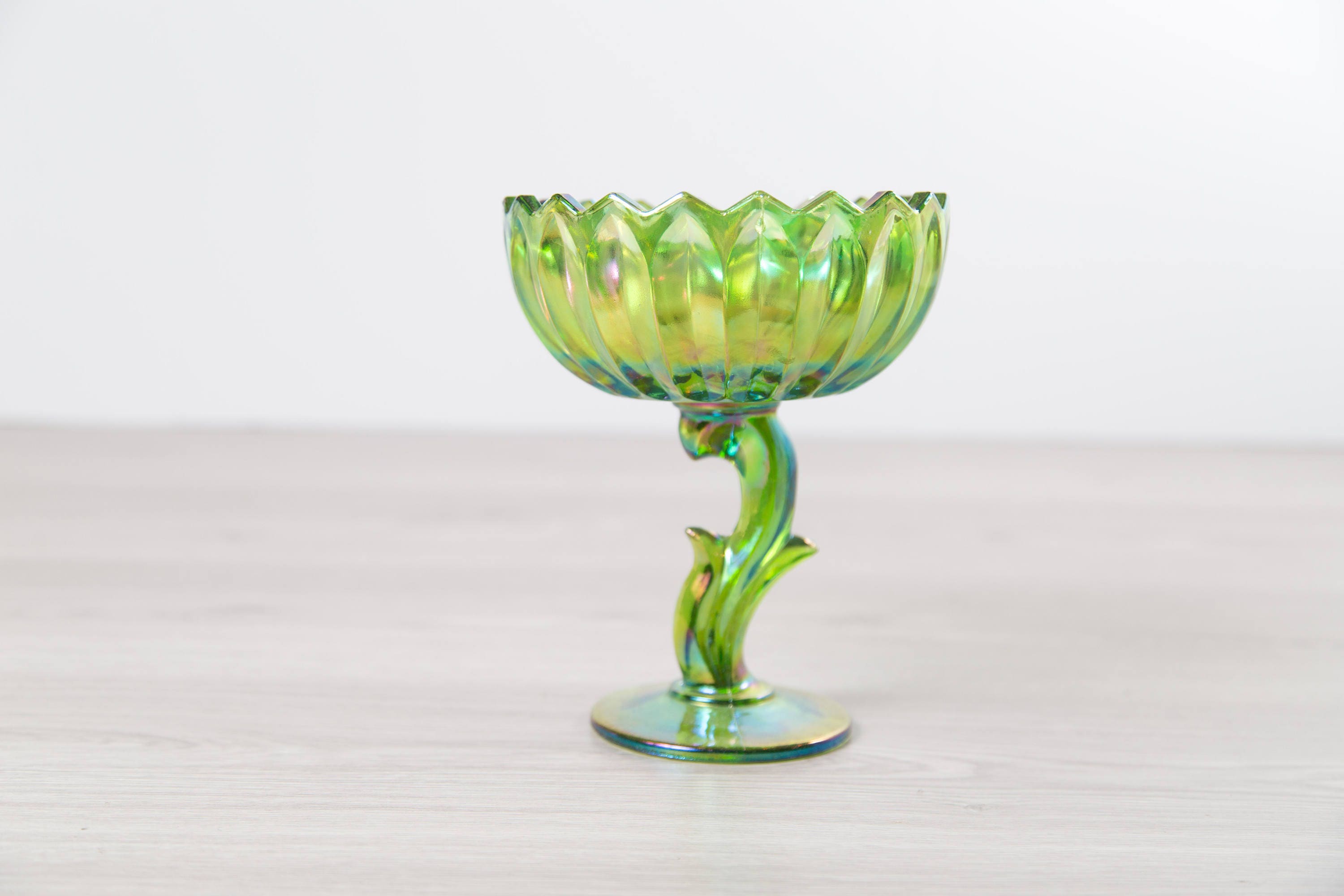 Vintage Iridescent Candy Dish Antique Green Petal Stemmed Indiana