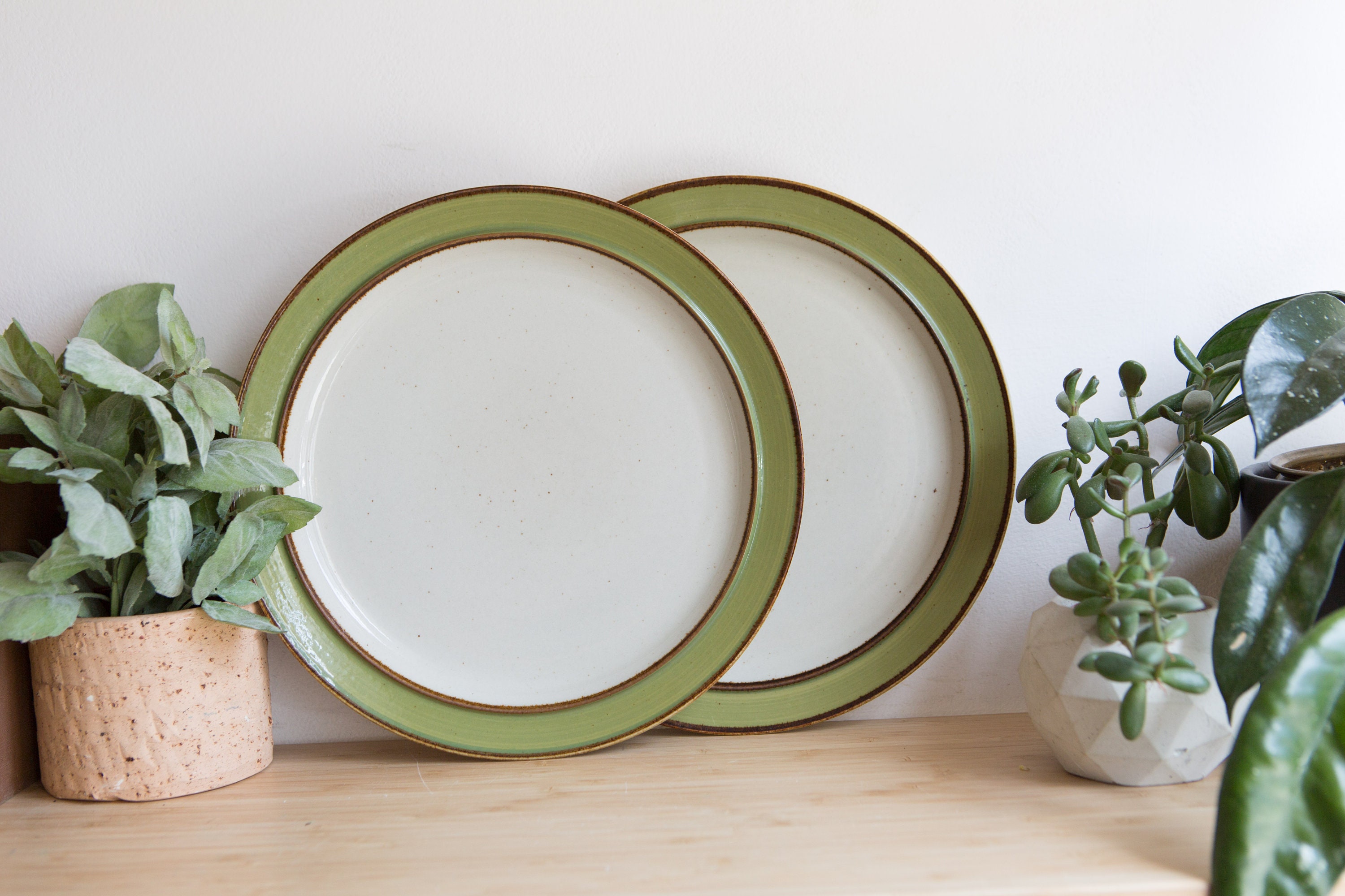 Vintage Dinner Plates / Pair of White and Green Rainbow Stoneware 656