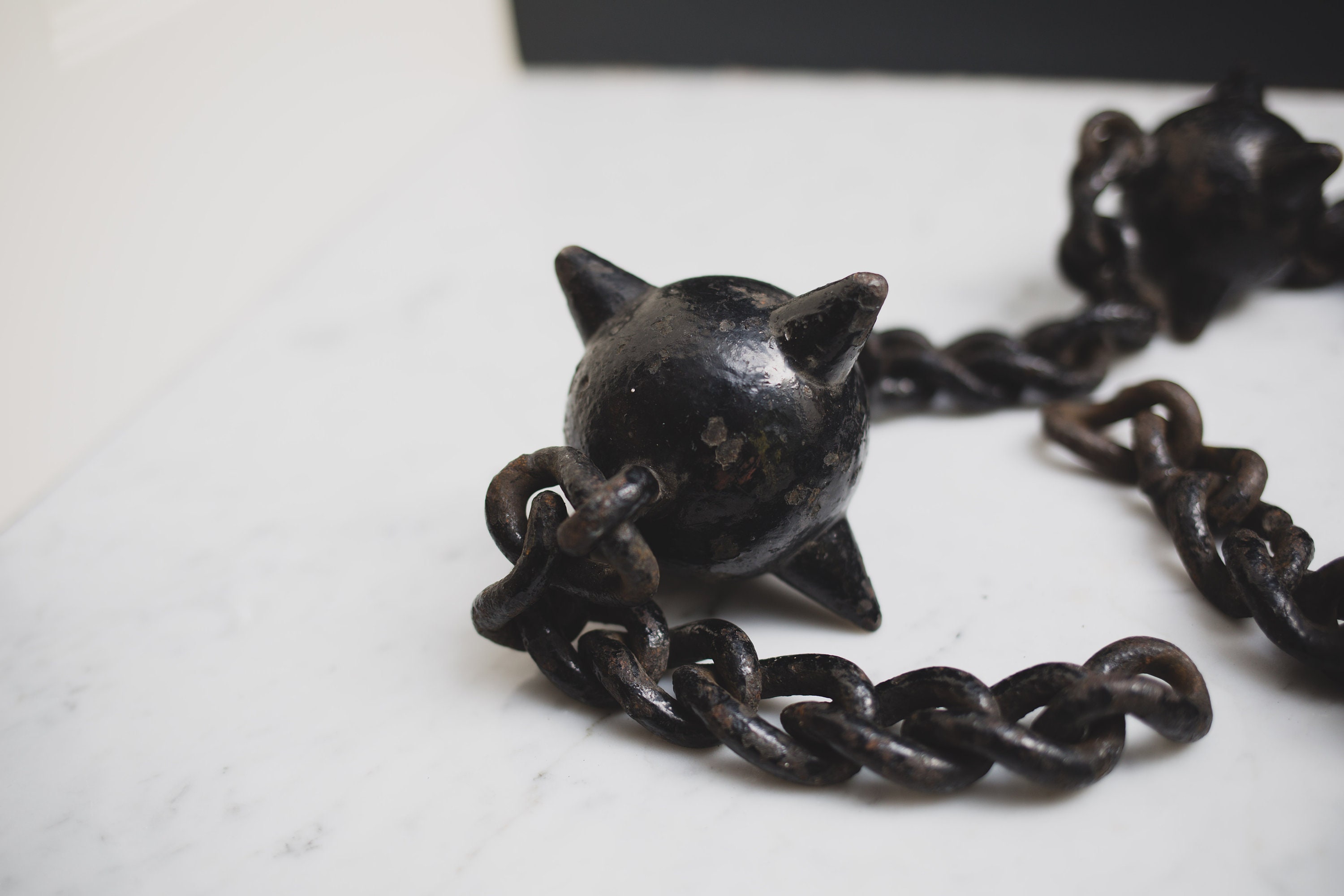 Antique Chain Shot Black Iron Chain and Spiked Ball Decorative