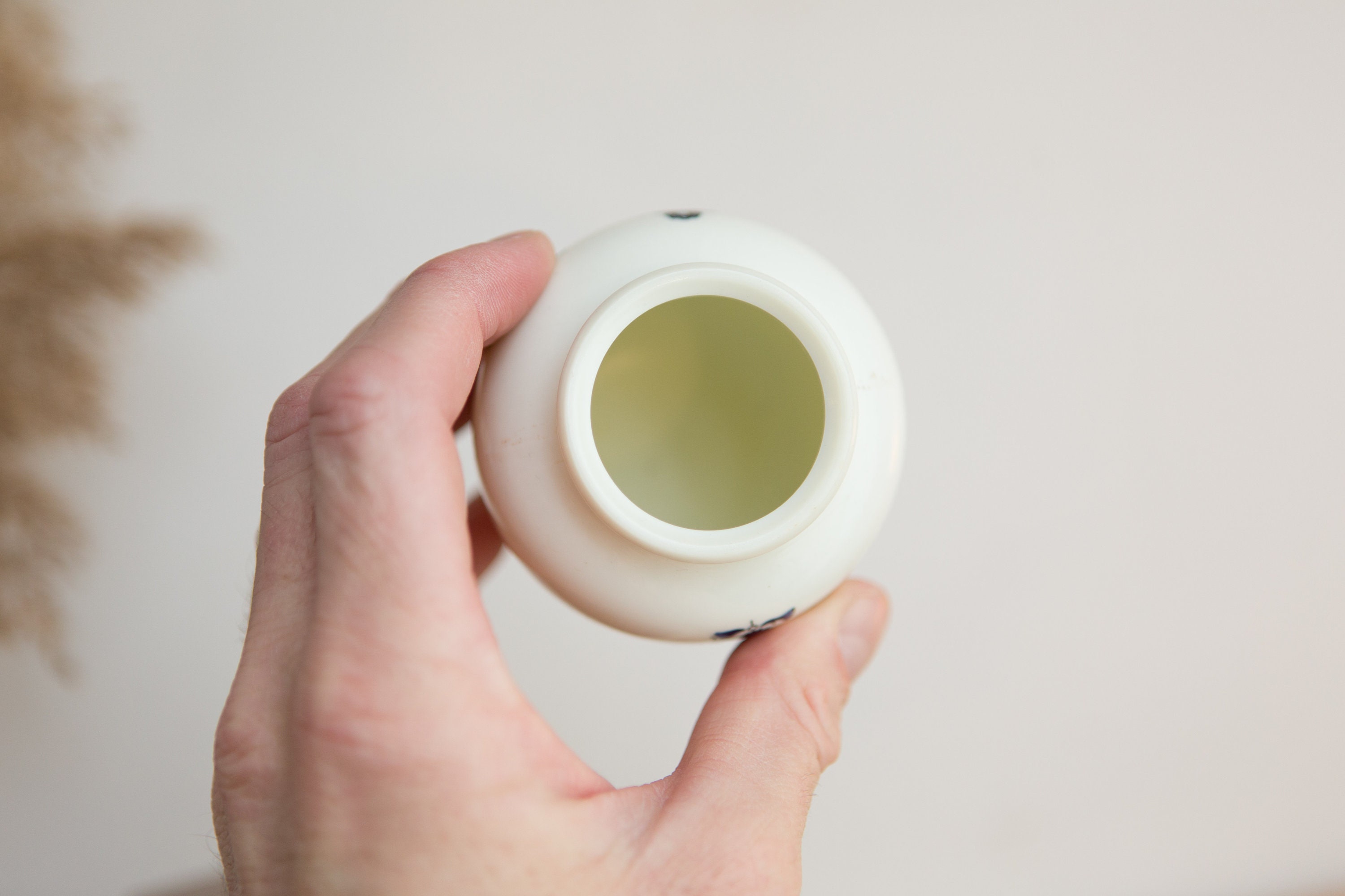 French Mustard Jar Vintage Milk Glass Blue Painted Lidded Kitchen