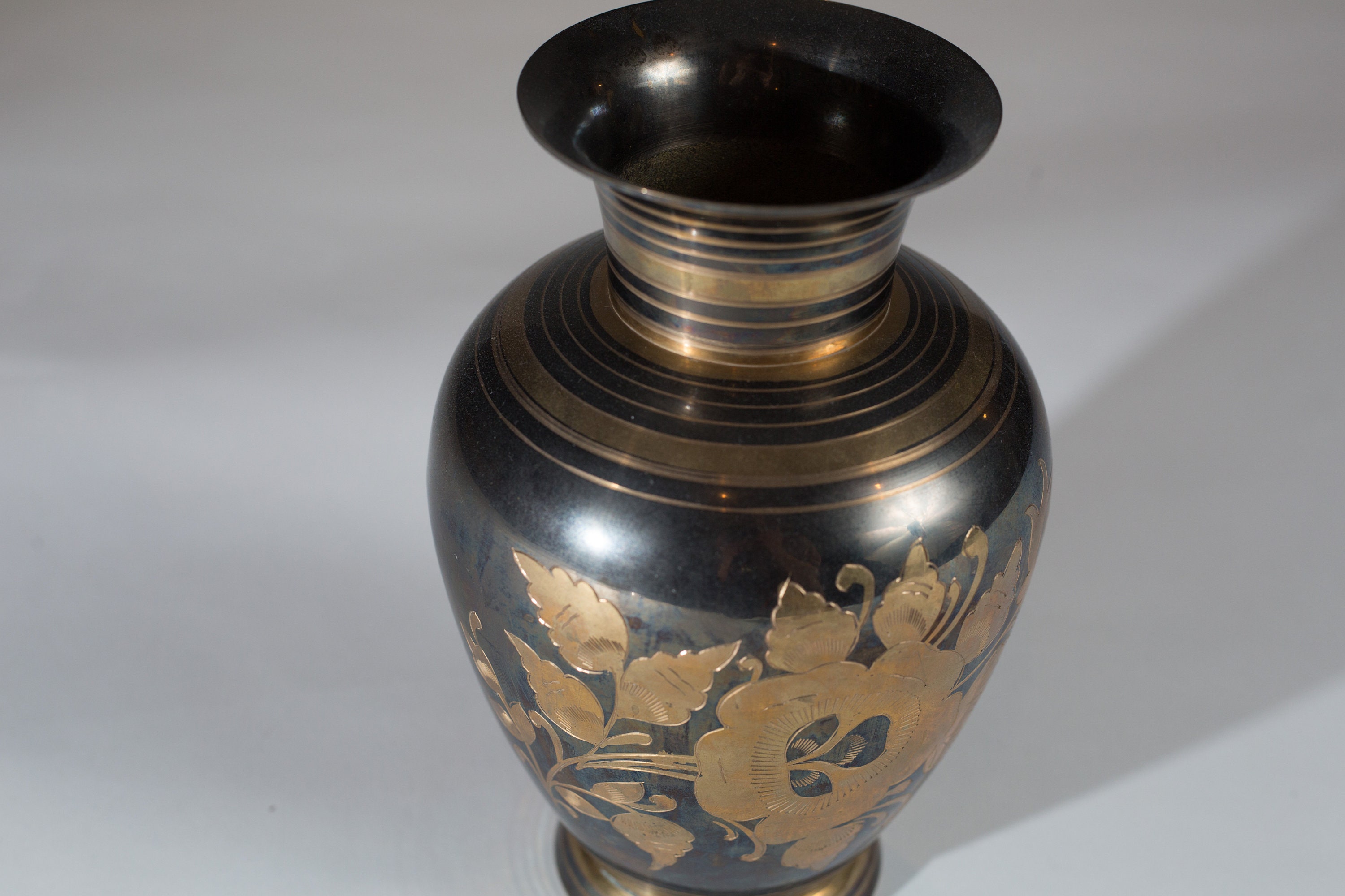 Vintage Brass Vase Ornate Floral Silver and Gold Colored Etched Bubble Vase Large Metallic