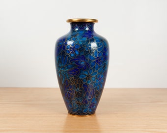 Chinese Cloisonné Vase - Vintage Blue Asian Metal Vases - Enamel Inlay Floral Art Vase with Gold Detailing