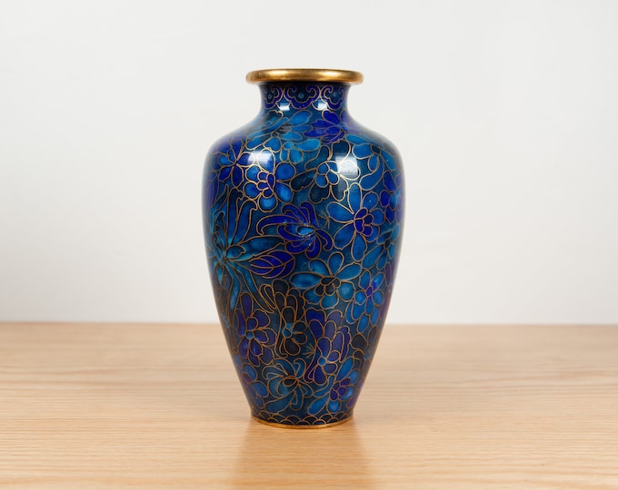 Chinese Cloisonné Vase - Vintage Blue Asian Metal Vases - Enamel Inlay Floral Art Vase with Gold Detailing