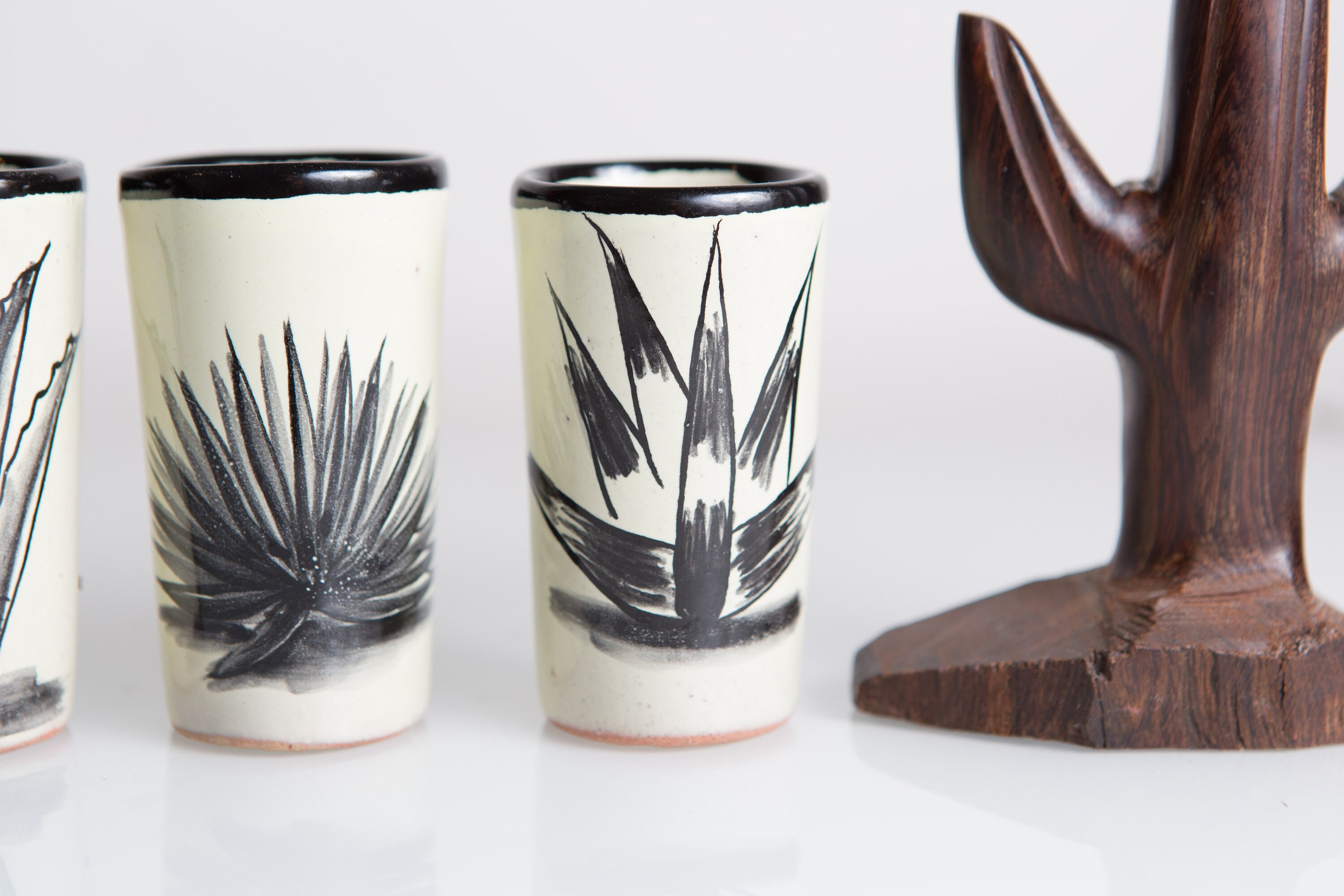 4 Cactus Shot Glasses and a Handcarved Wood Cactus