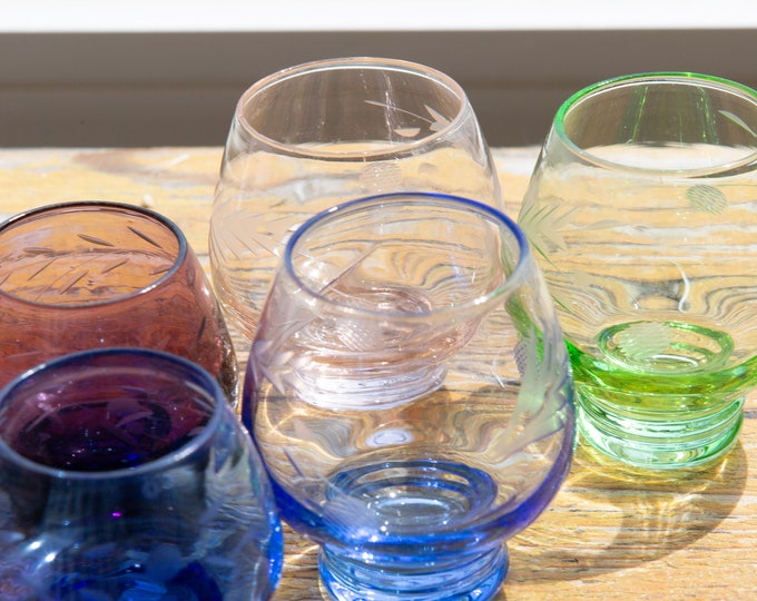 Set of 6 Vintage Colored Shotglasses with Etched Floral Design - 1960's Cocktail Barware