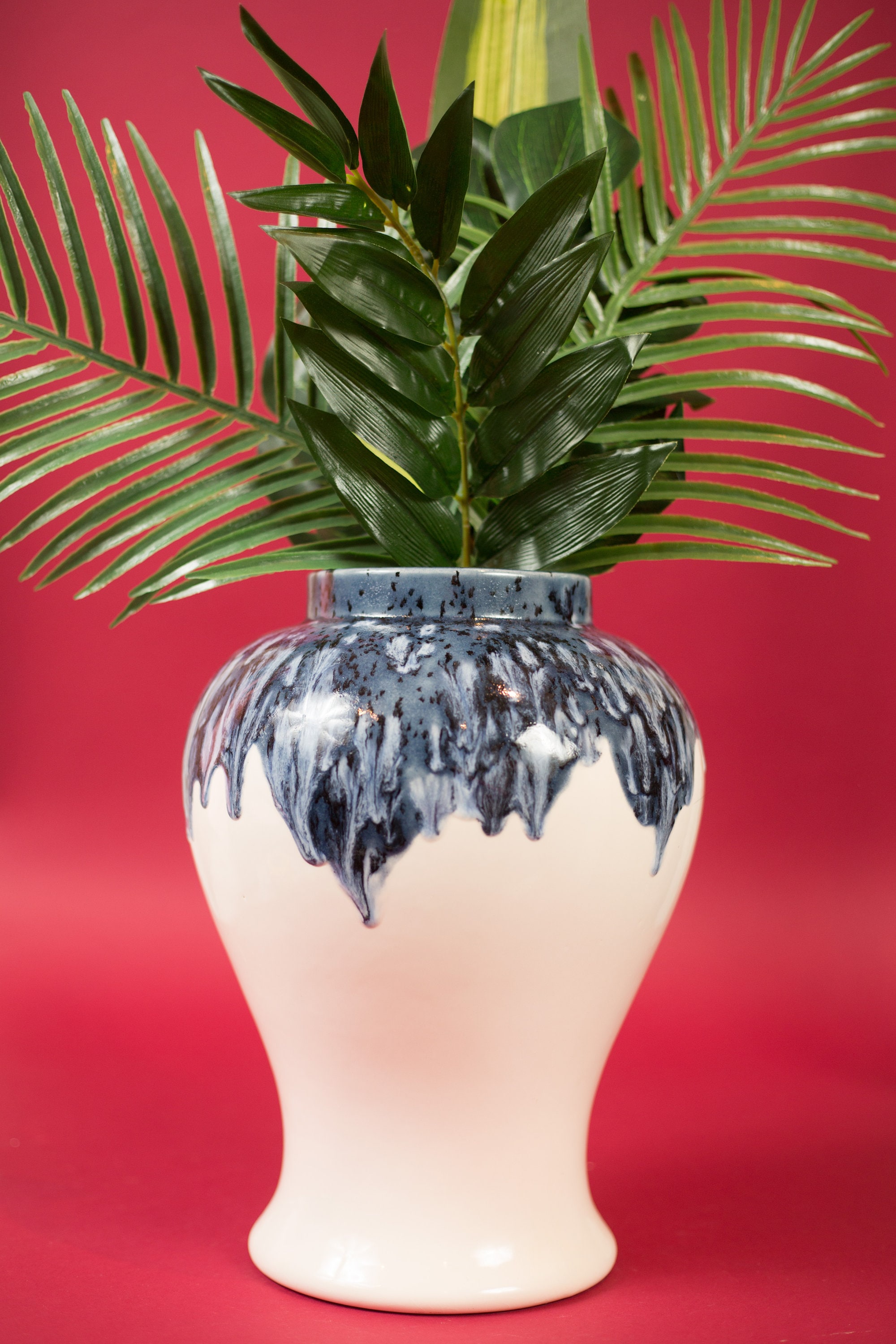 Large Floor Vase Blue and Off White Drip Glaze Oval Decorative Bubble