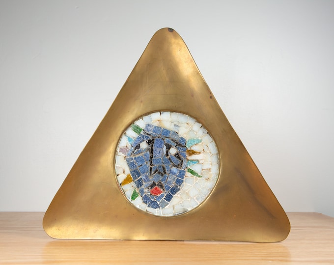 Salvador Teran Mid-Century Modern Brass and Stone Mosaic Triangular Tray Wall Art - 1950’s Tile Mosaic Decorative Plate