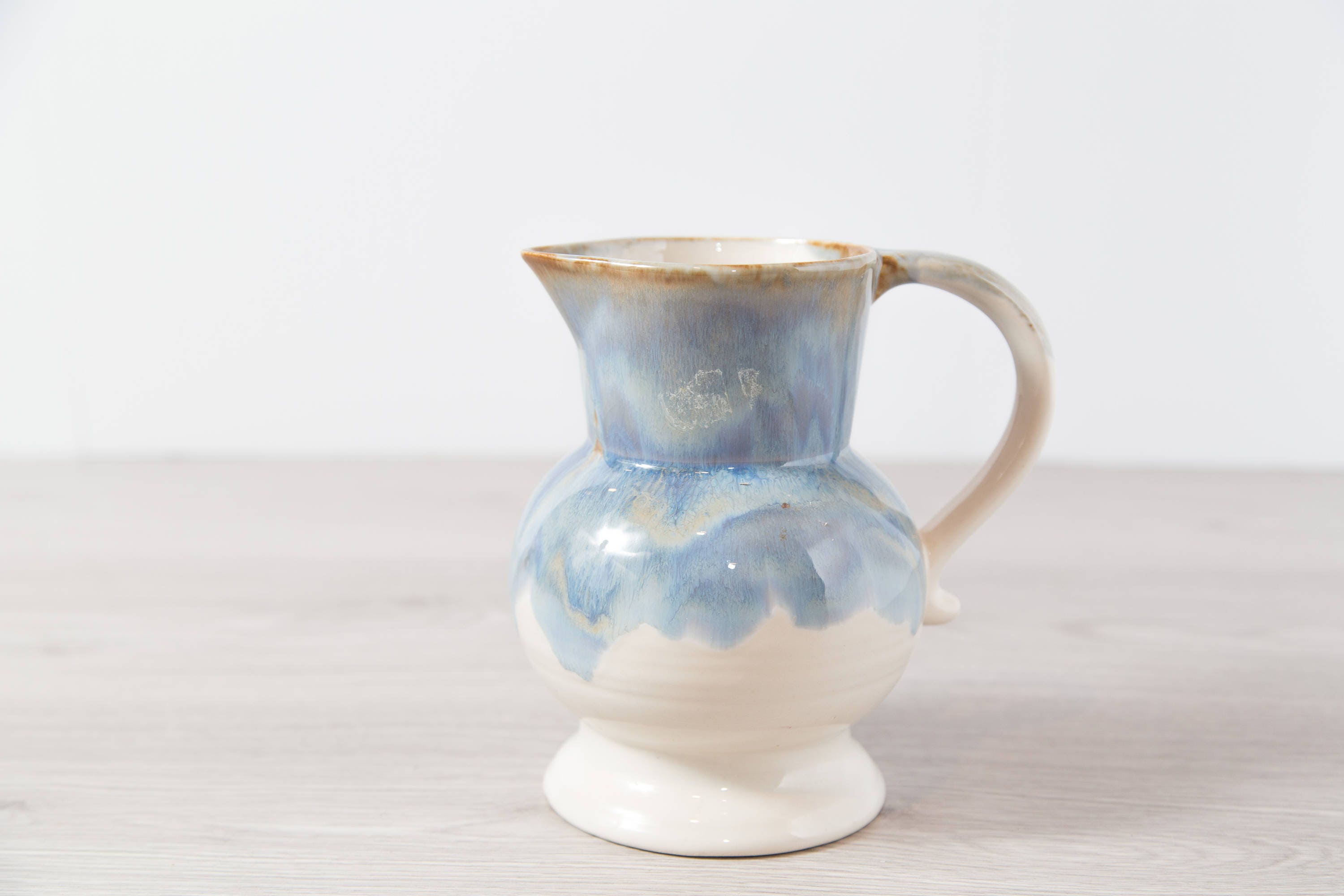 Vintage Drip Glaze Pitcher / Blue and White Marbled Ceramic Juice