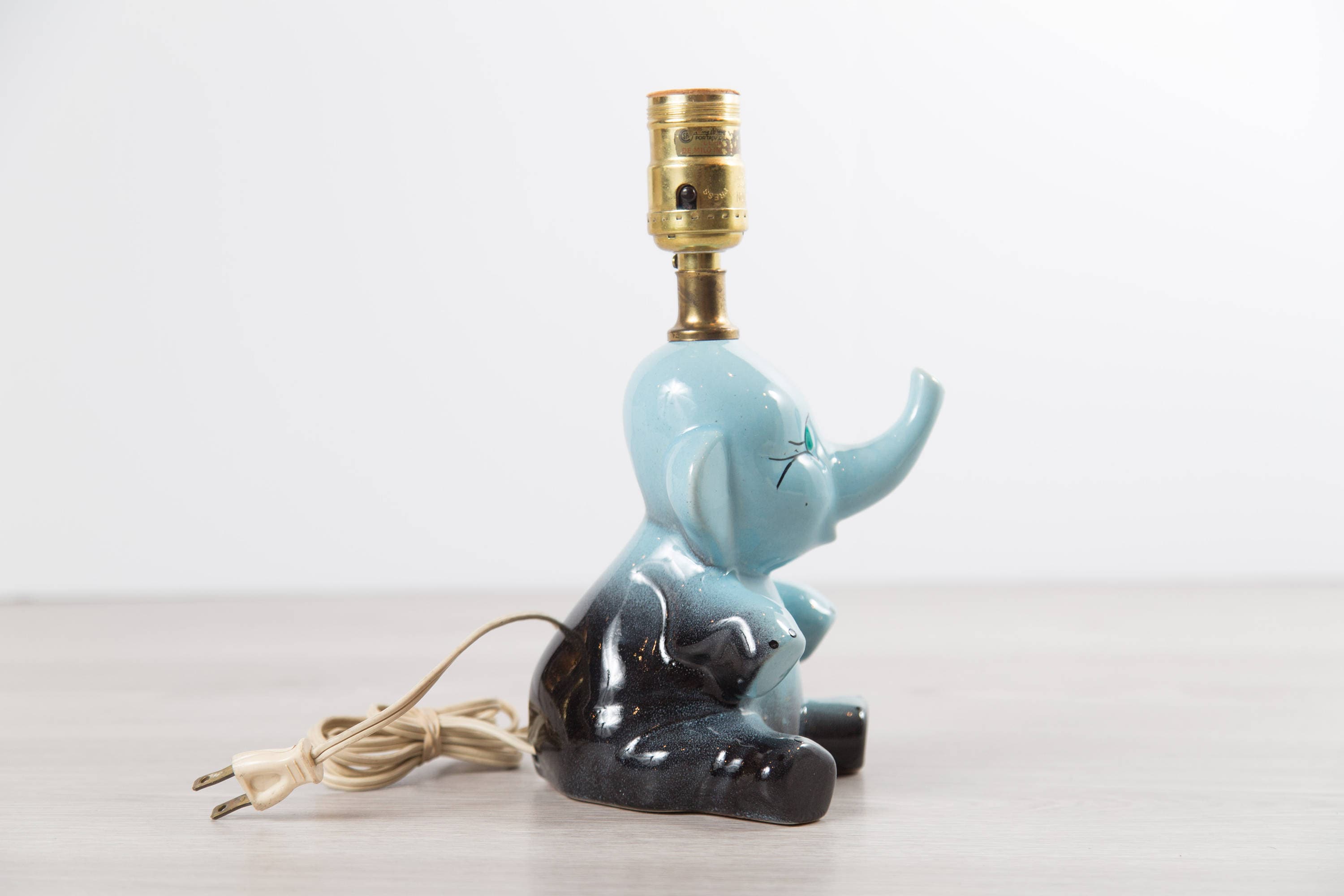 Vintage Elephant Lamp / Ceramic Ombre Blue Sitting Baby Elephant Light for Nursery or Baby's