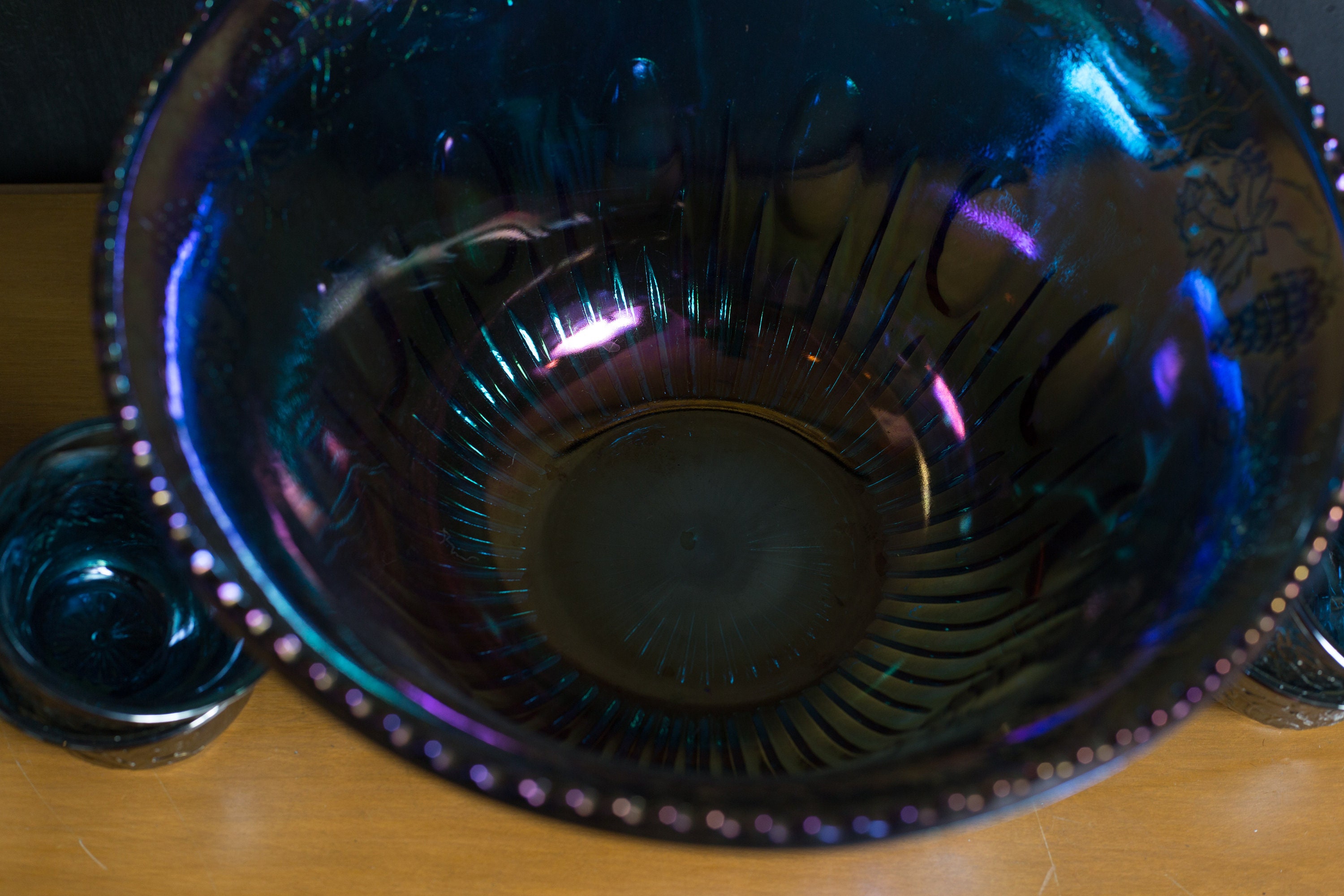 Vintage Iridescent Punchbowl and Cups Indiana Iridescent Blue and