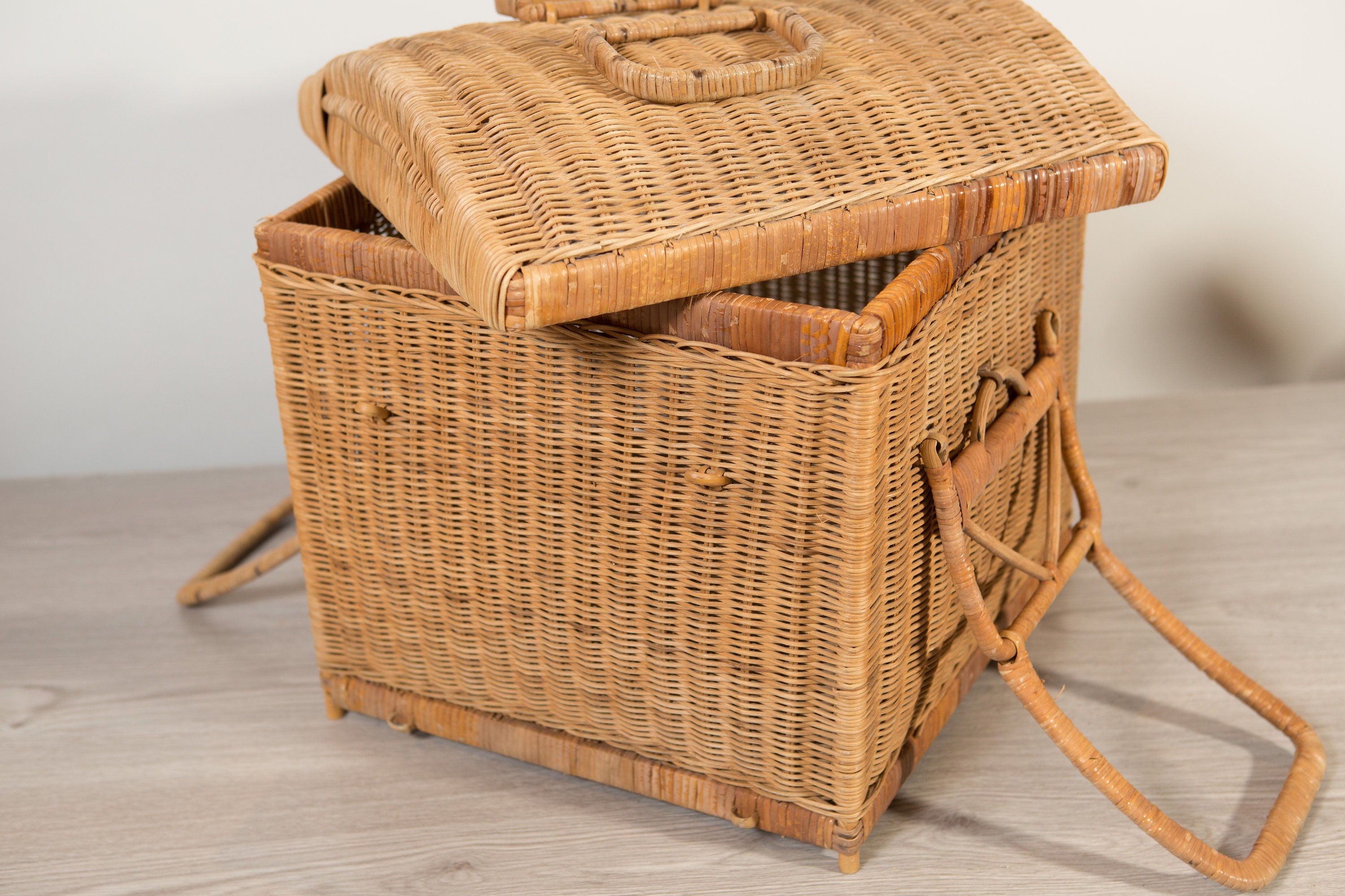1960's Rattan Wicker Picnic Basket Vintage Brown Woven Square Basket