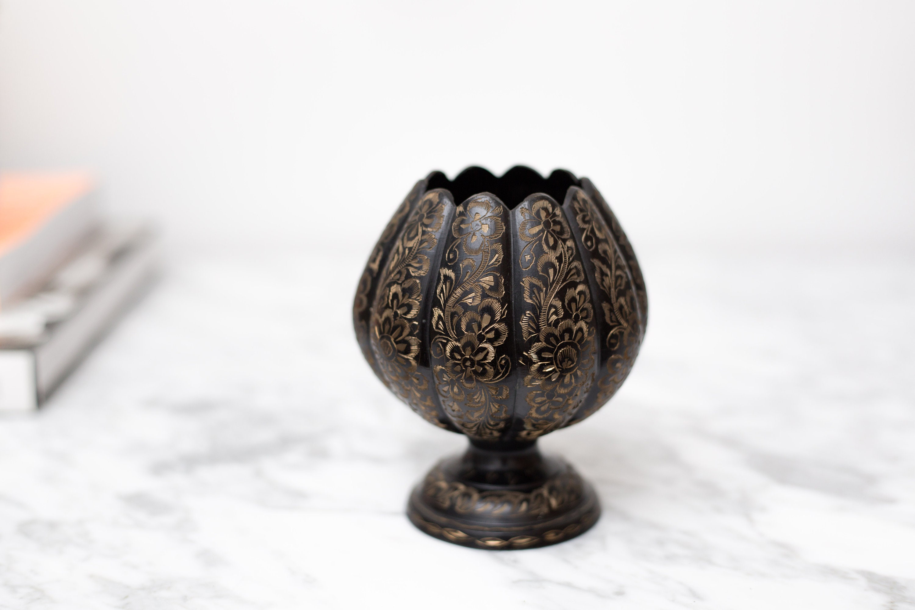 Vintage Black Vase Small Brass Etched Petal Vase Ornate Bubble Bud Vase for Flowers Mid