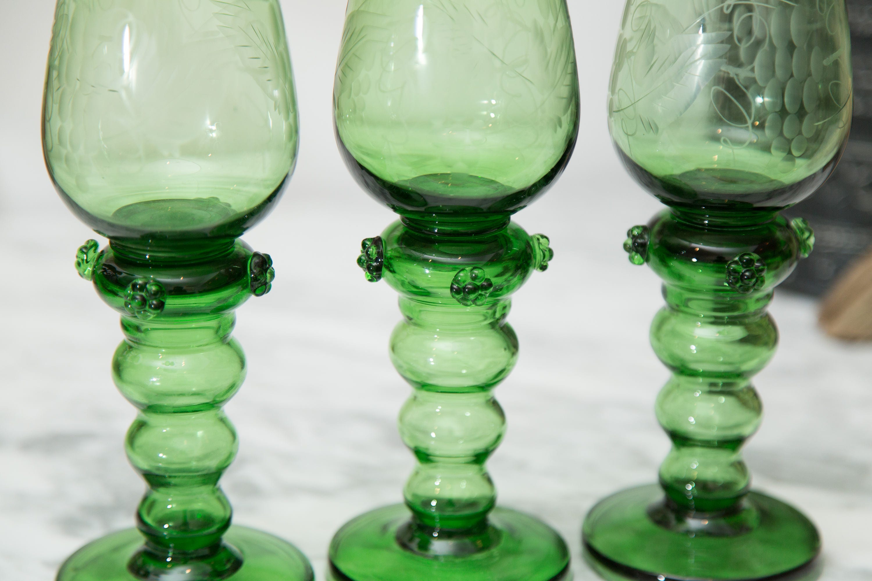 Green Wine Glasses Antique Handblown Floral Etched Set of 3 Tropical