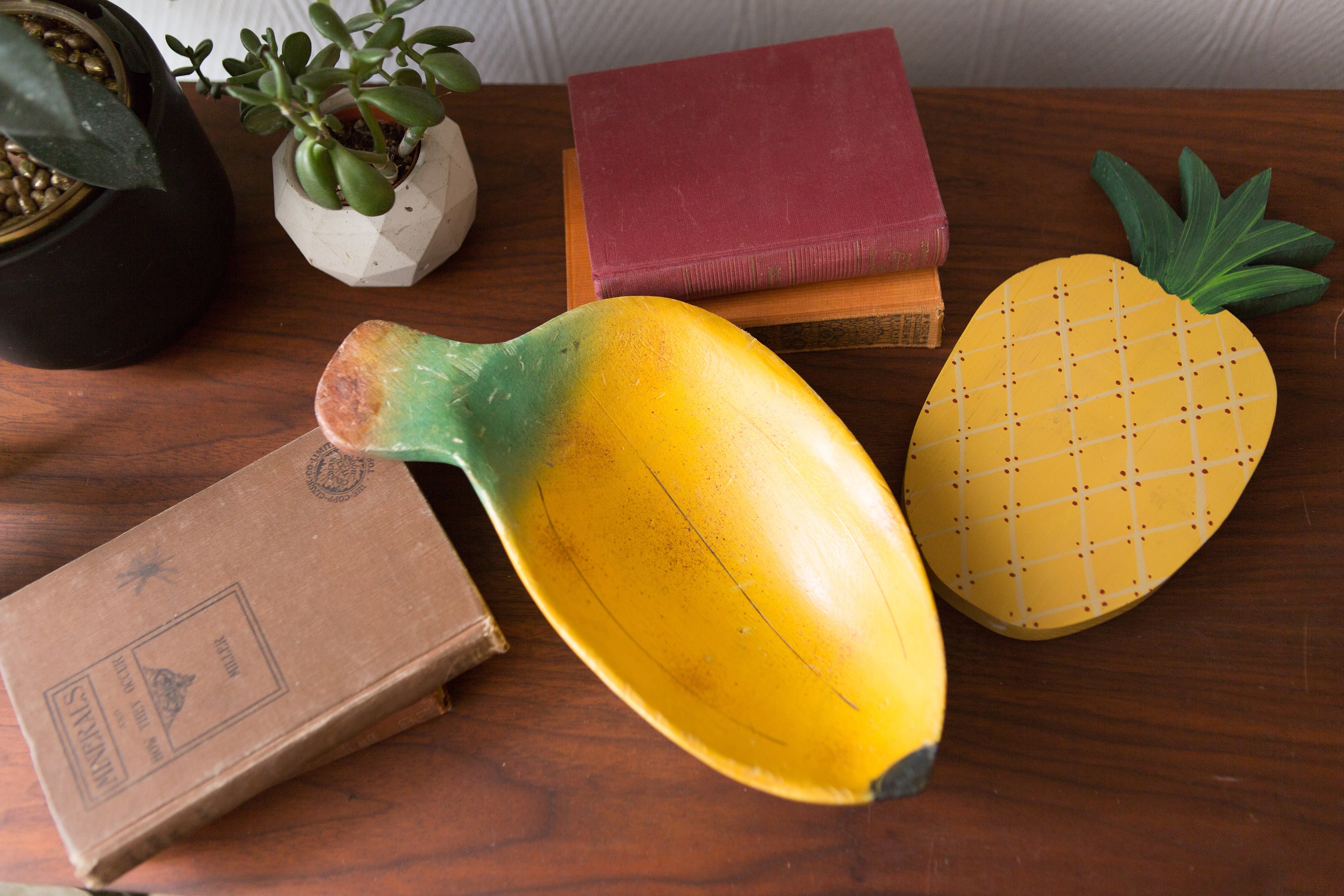 Wood Pineapple Tray and Banana Bowl Pair Vintage Solid Exotic Wood