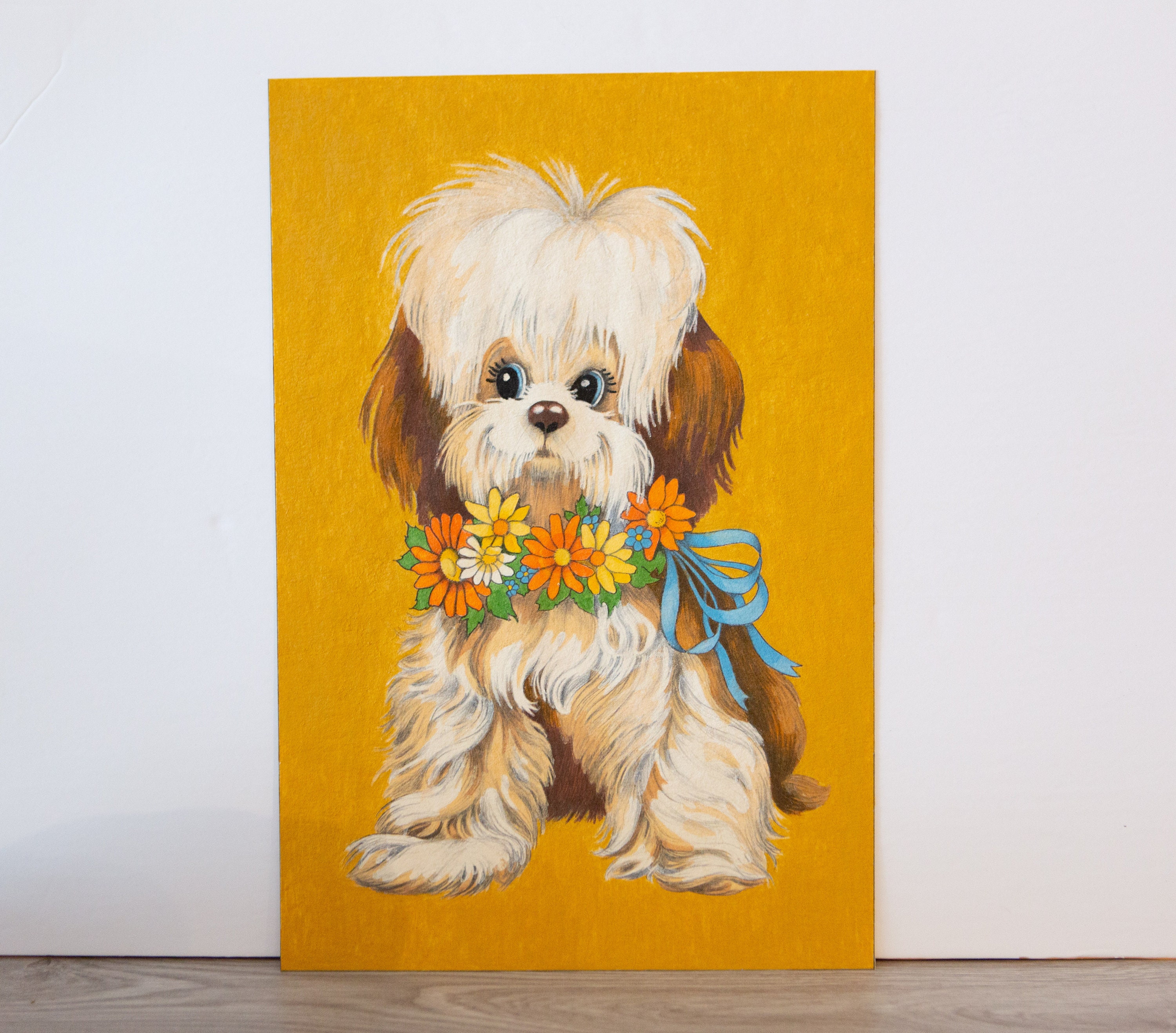 Vintage Dog Artwork 1970's Puppy Lover Wall Art Cute American