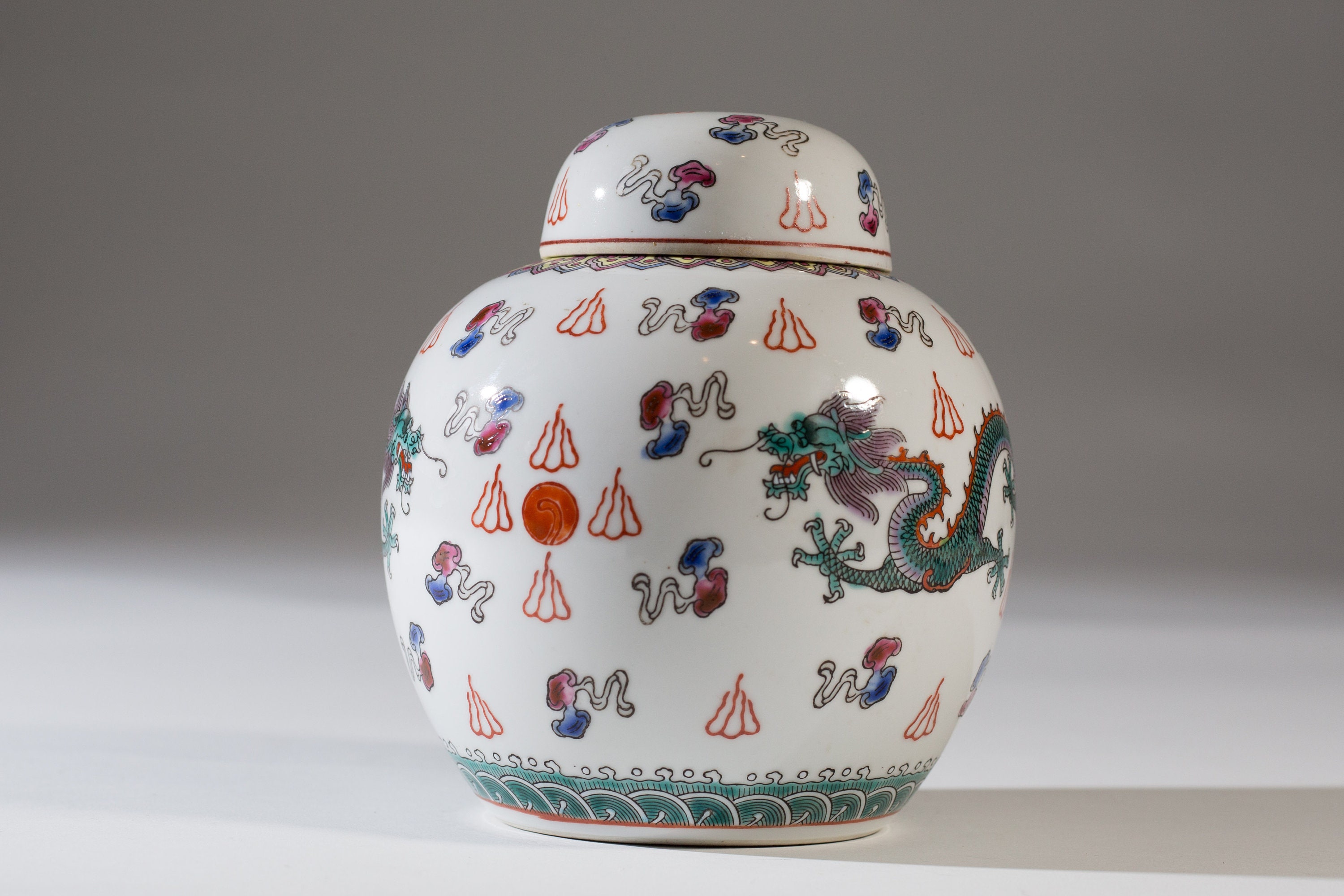 Vintage Ginger Jar Vintage White Ceramic Asian Hand Painted Dragon