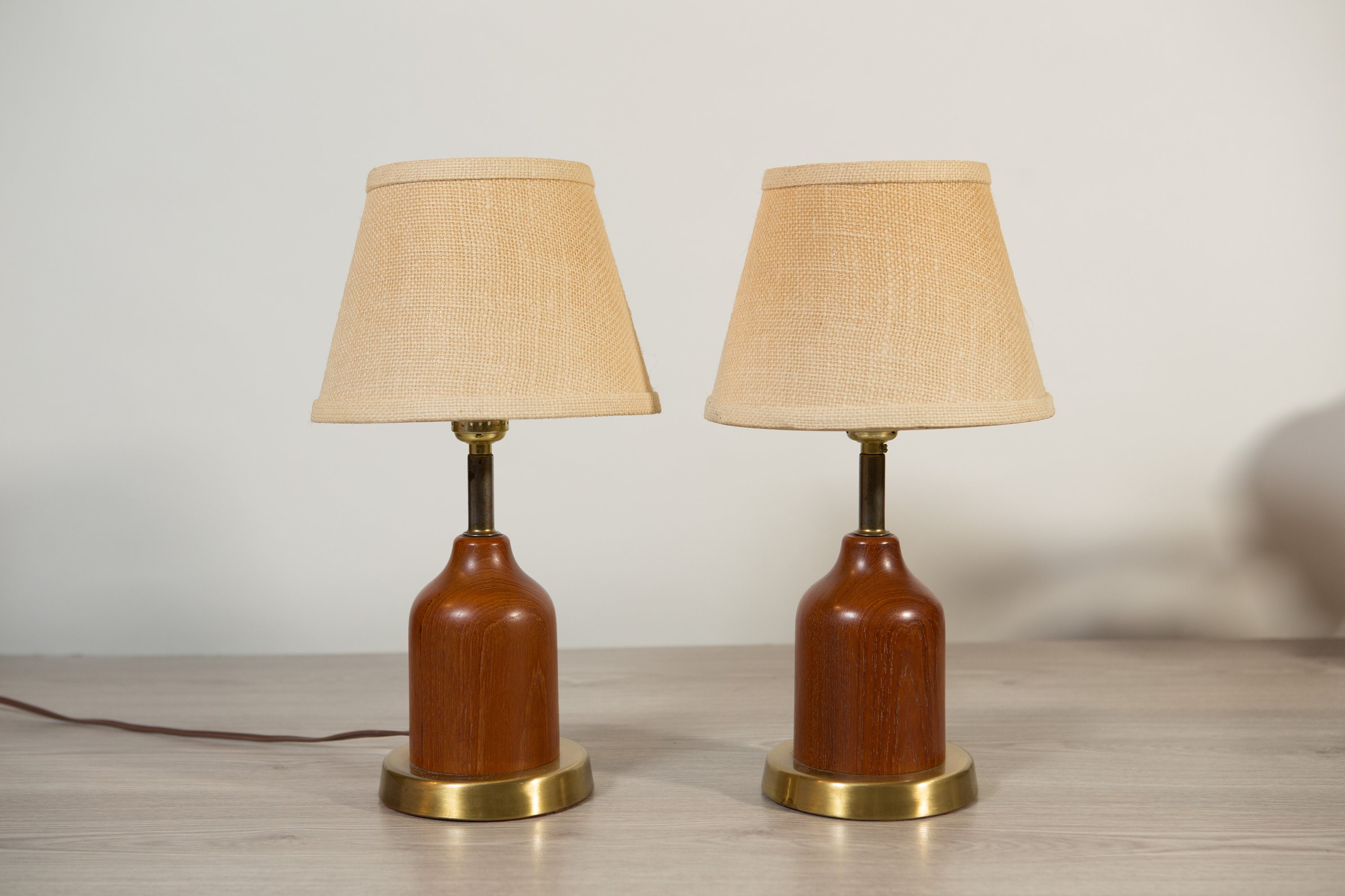 Teak Desk Lamps Pair of Vintage Mid Century Modern Danish Scandinavian Wood Lamp with Original