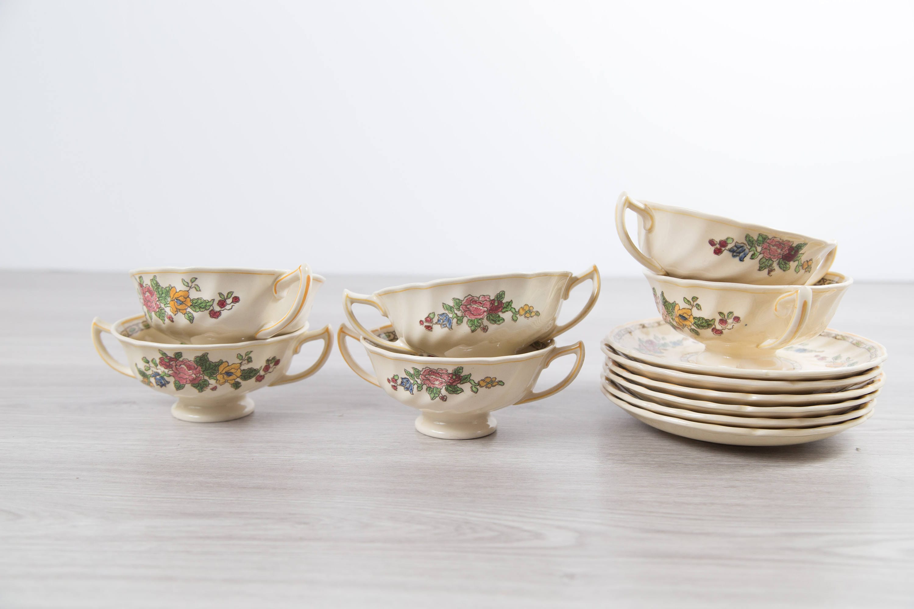Vintage Floral Soup Bowls 6 Set of 1940's Royal Doulton The Cavendish