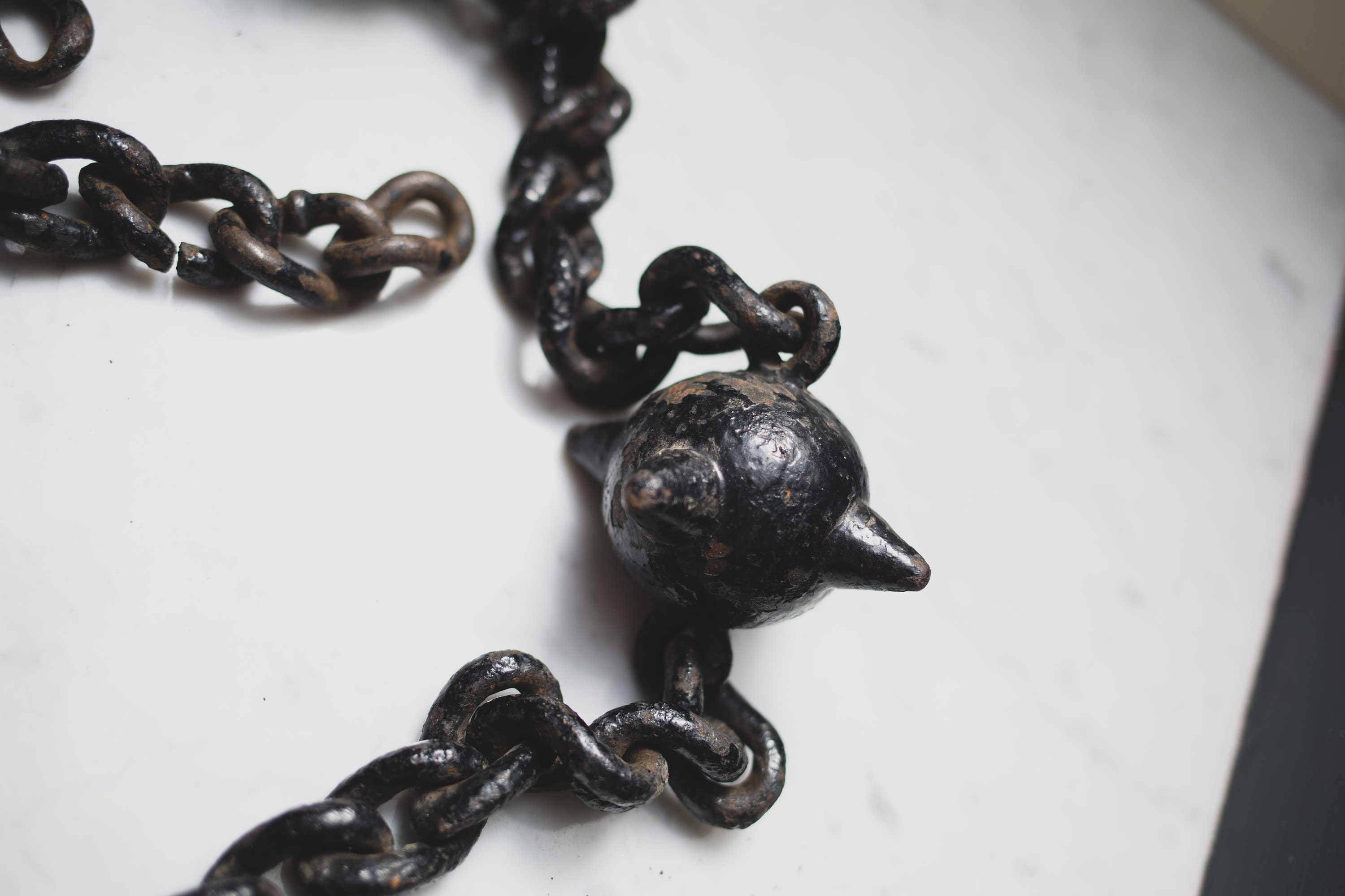 Antique Chain Shot Black Iron Chain and Spiked Ball Decorative