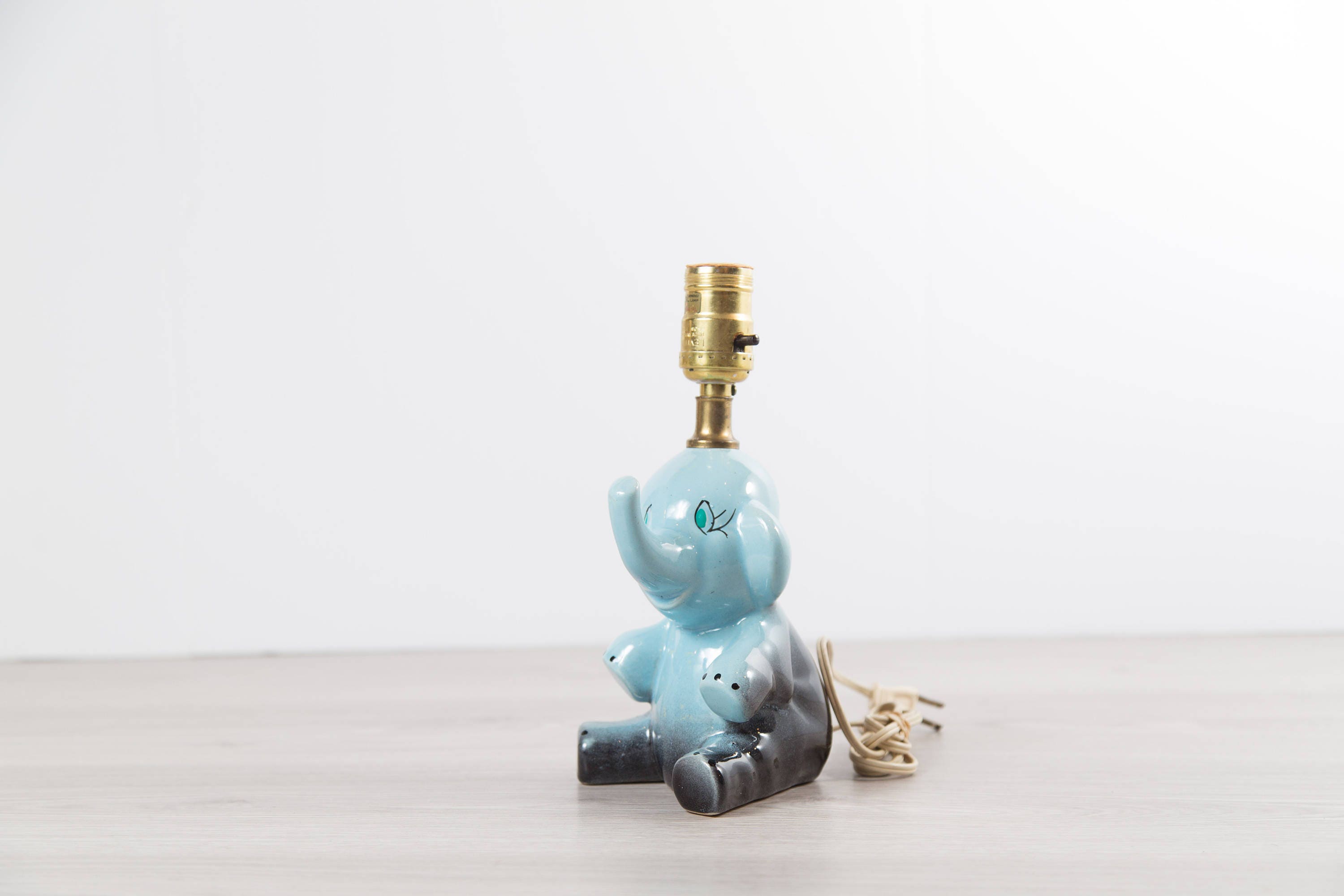 Vintage Elephant Lamp / Ceramic Ombre Blue Sitting Baby Elephant Light
