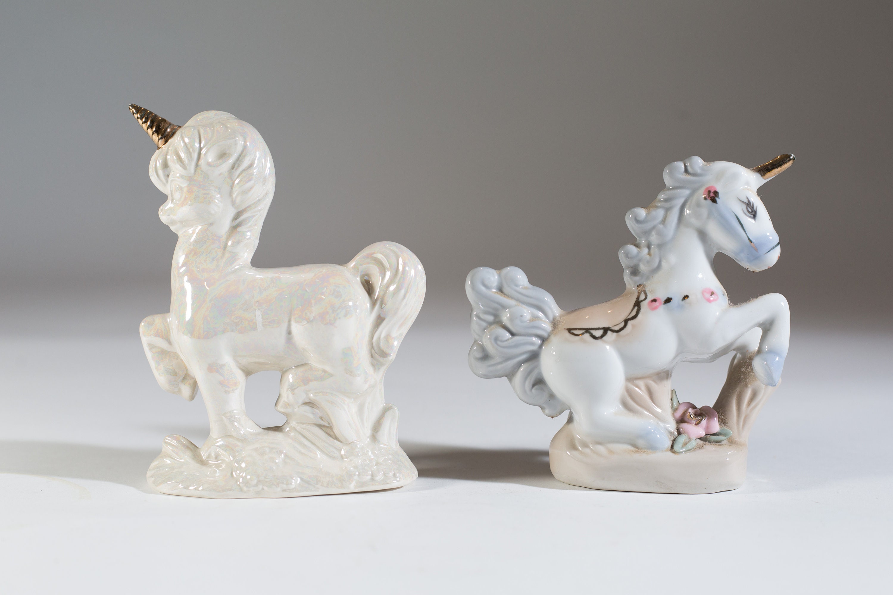 Vintage Ceramic Unicorns Pair of gloss White and gold Unicorn