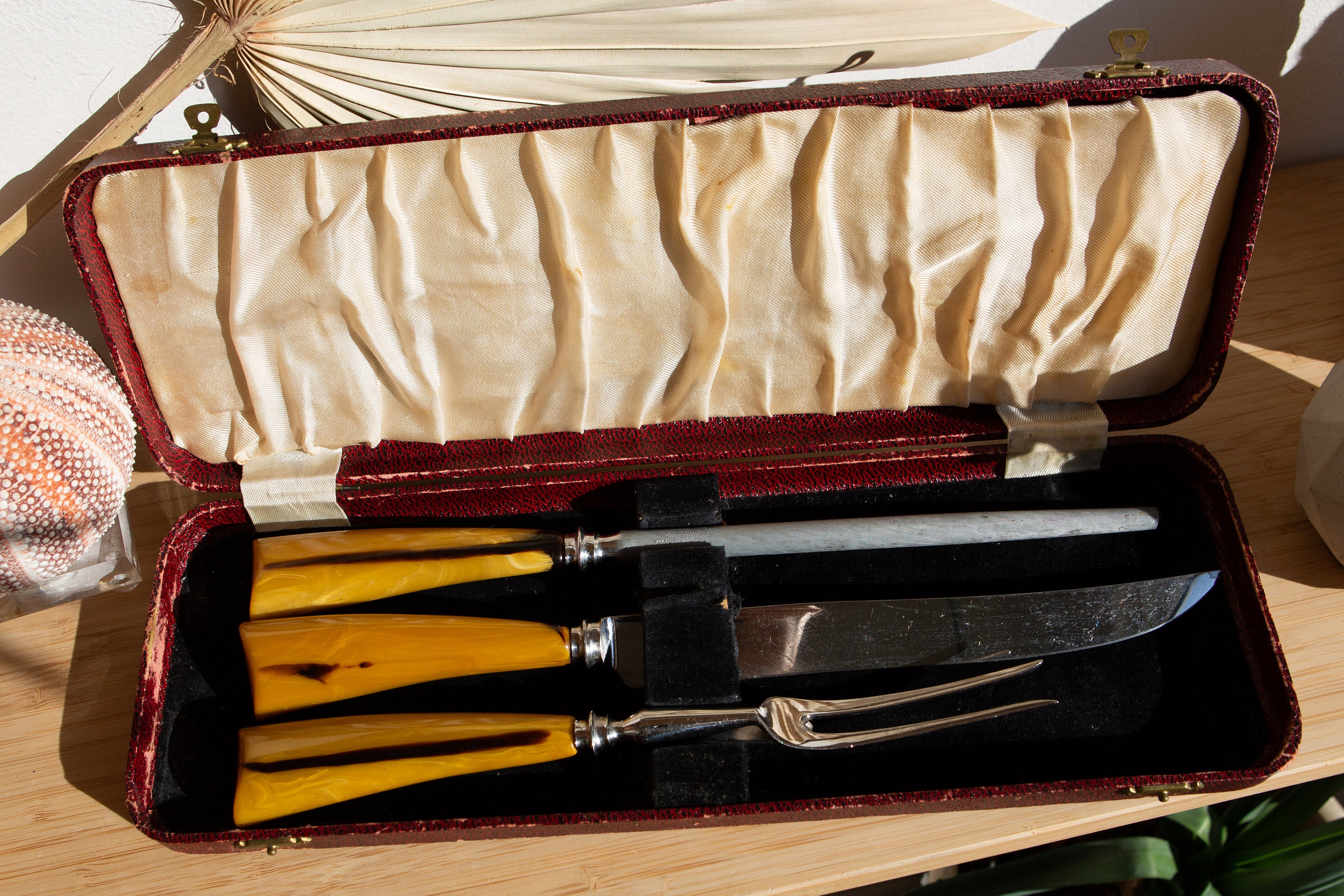 Bakelite Knife Set / 3Piece Vintage Sheffield Knife, Fork, Sharpener