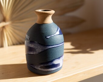 Alfa Dom Dominican Republic Studio Pottery - Vintage Blue Ceramic Vase - Small Tribal Vase - Earthy Boho Glaze Abstract Studio Pottery