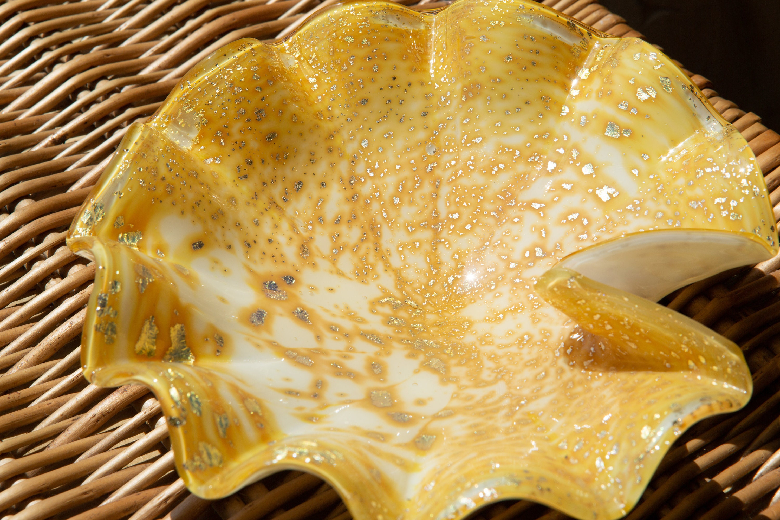 Murano Glass Pleated Art Dish with Gold Flakes Handblown Studio Art
