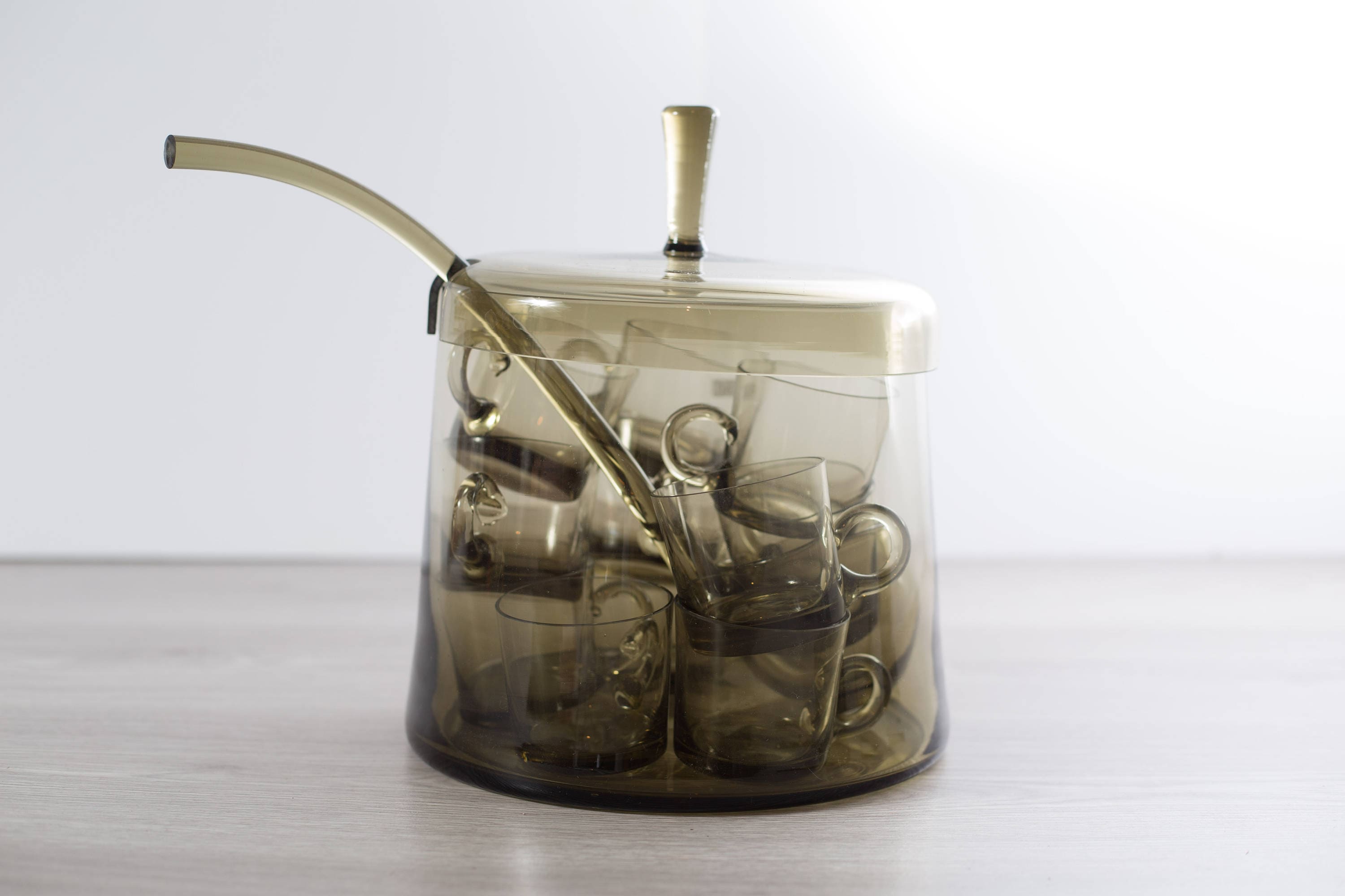Vintage Grey Glass Punchbowl / Full Punch Bowl Set with Ladle and 11
