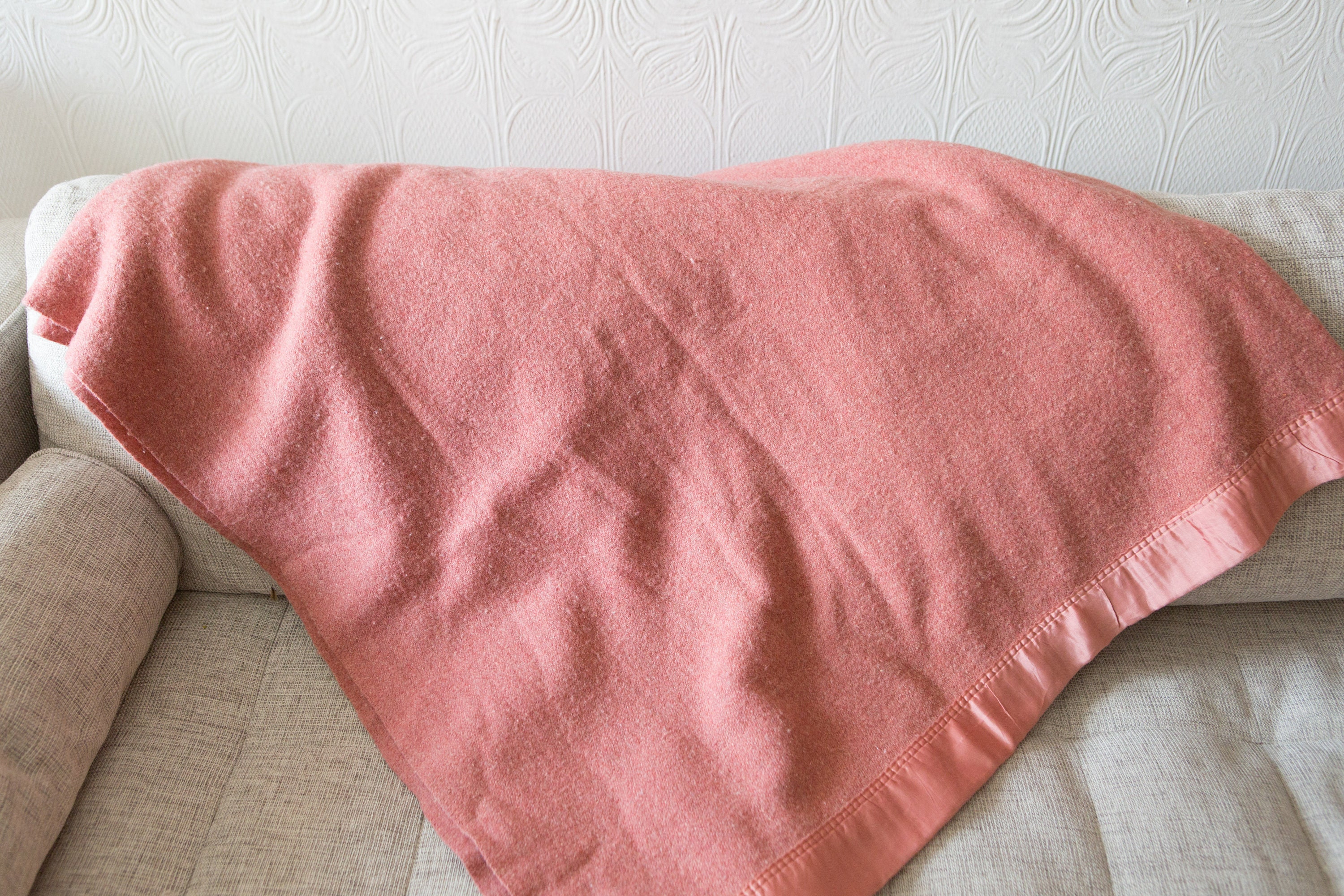 Pink Wool Blanket Large Vintage Kenwood All Virgin Wool Made in