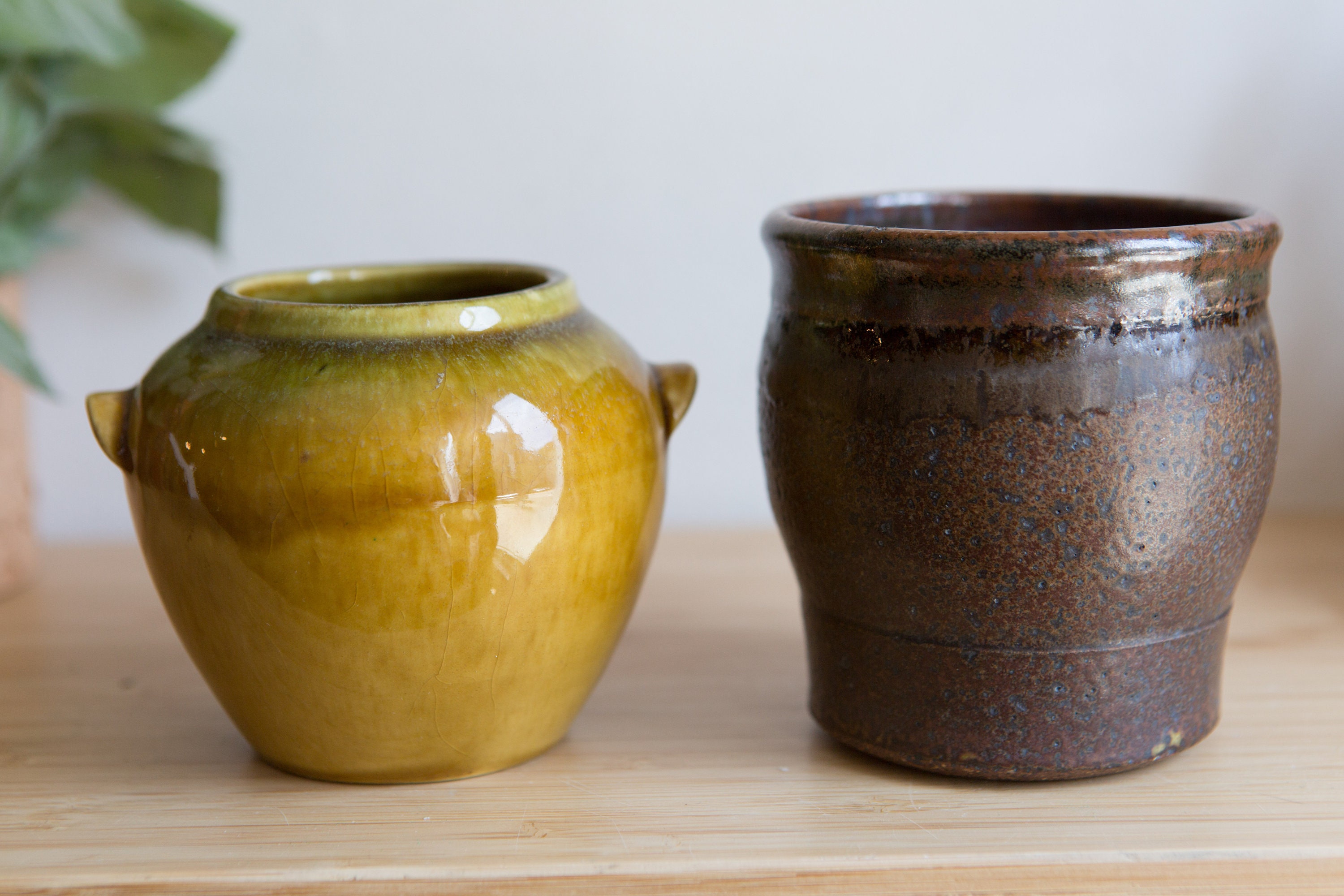 Handmade Ceramic Pots Mustard and Brown Glaze Vintage Boho Planters