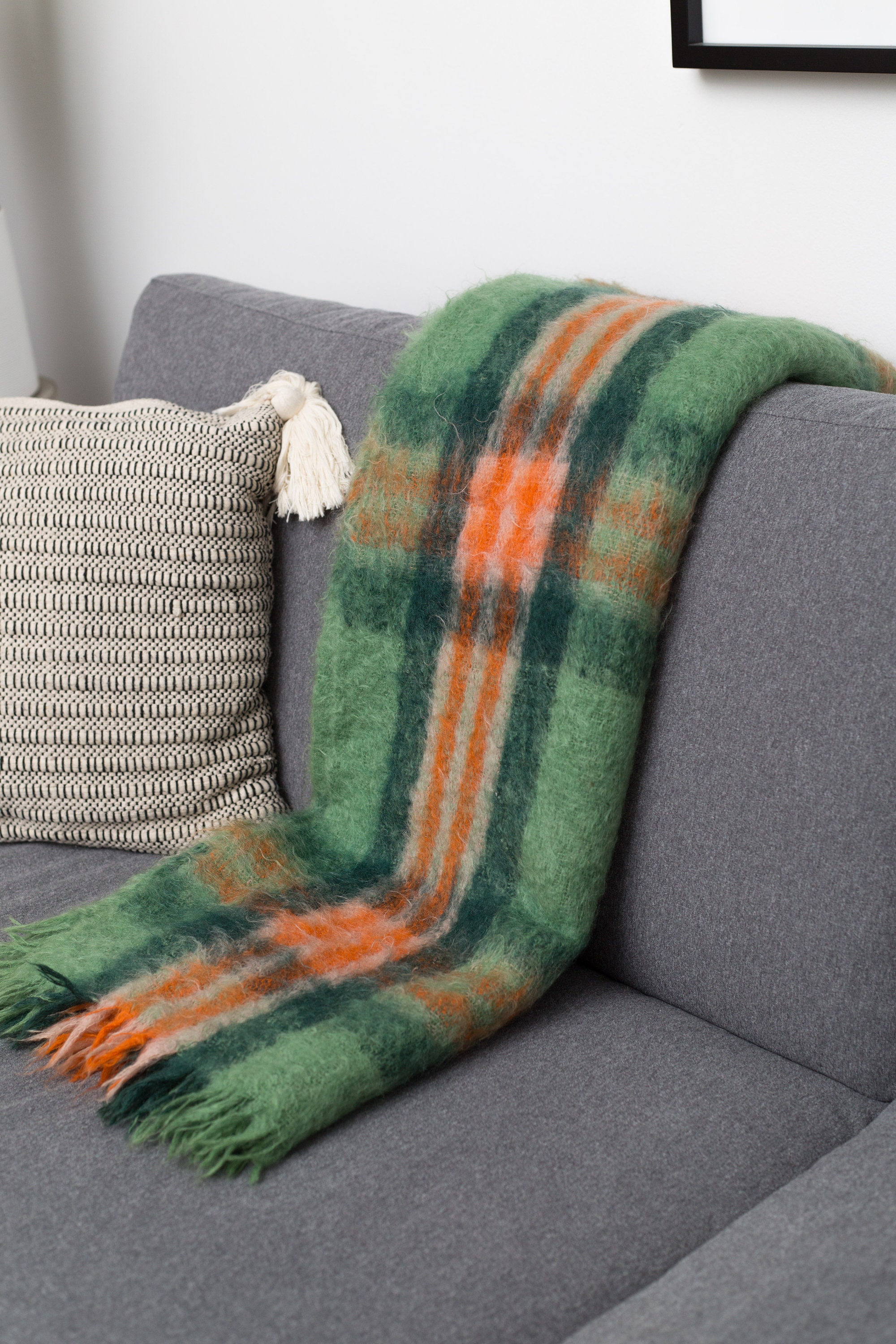 Green Plaid Blanket HBC Hudson's Bay Mohair and Wool Orange and Green