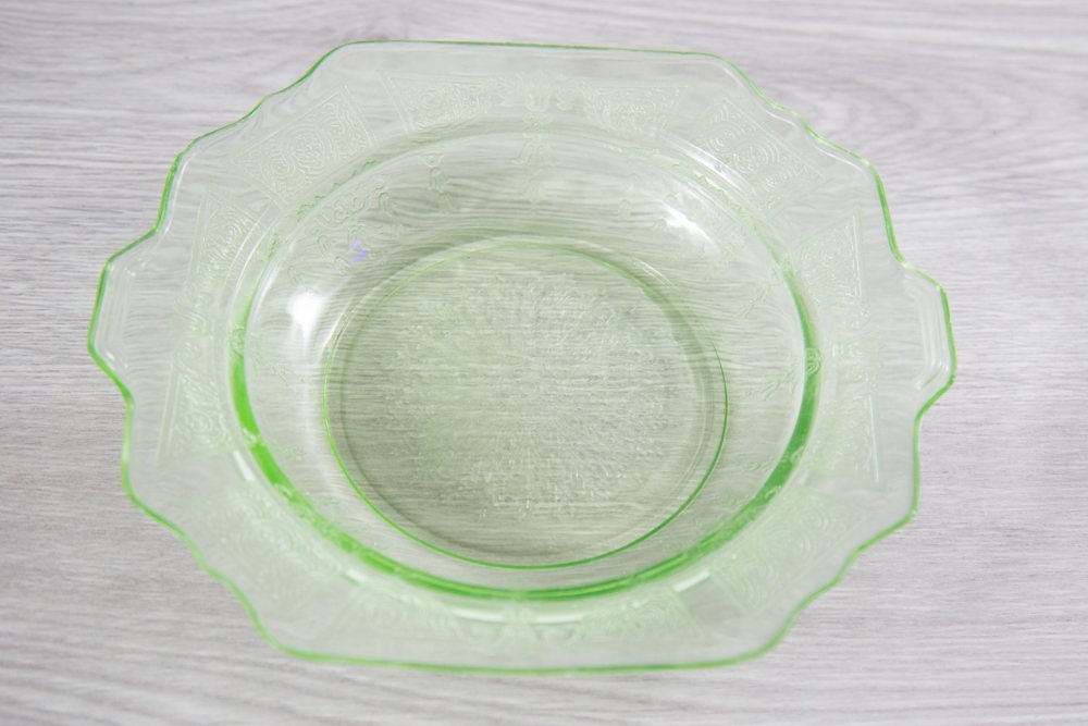 Vaseline Glass Serving Dish / Antique Uranium Yellow Depression Glass Plate /Vintage Etched