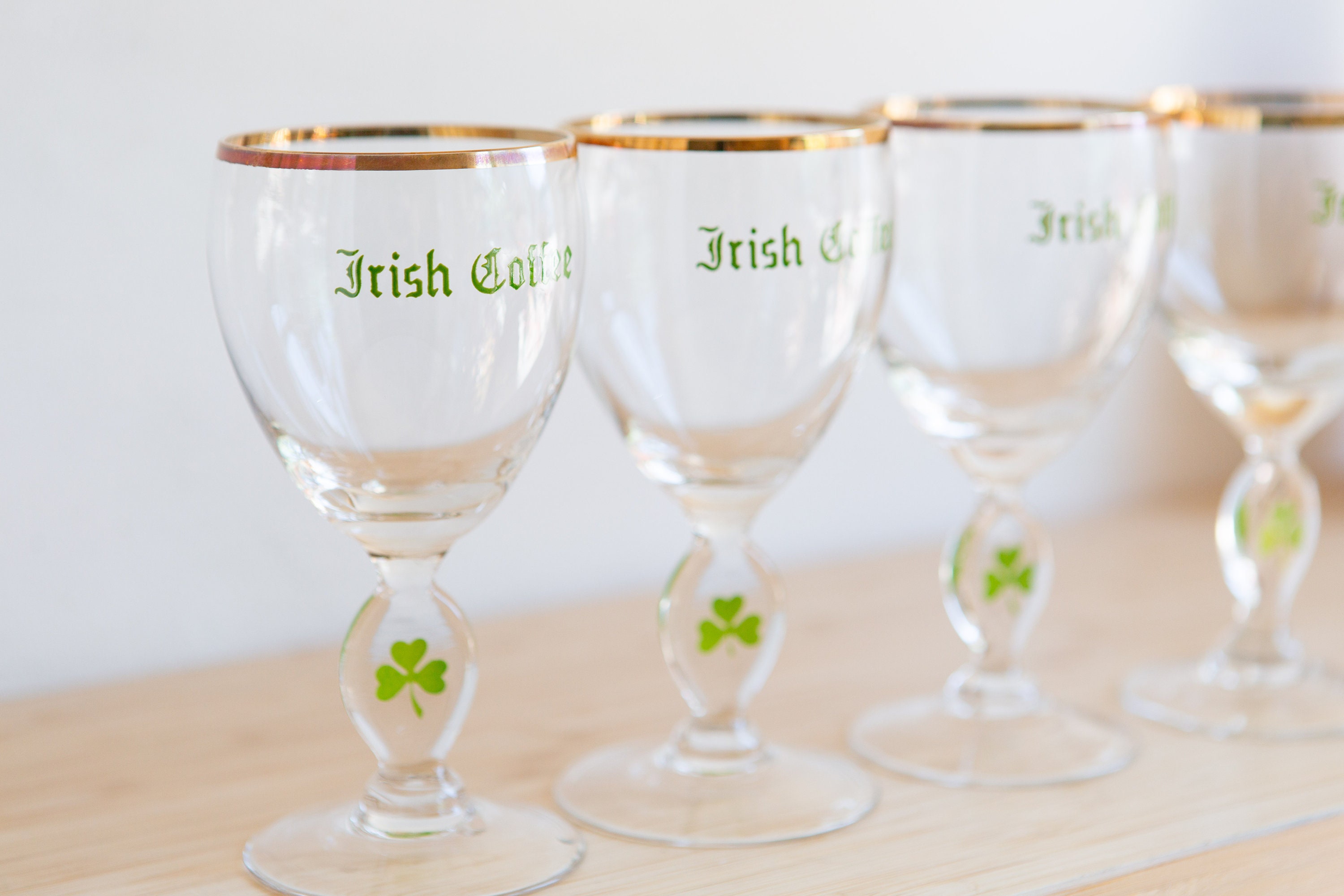 4 Irish Coffee Glasses Vintage Gold Rim Lucky Charm Specialty Coffee Stemware Father's Day