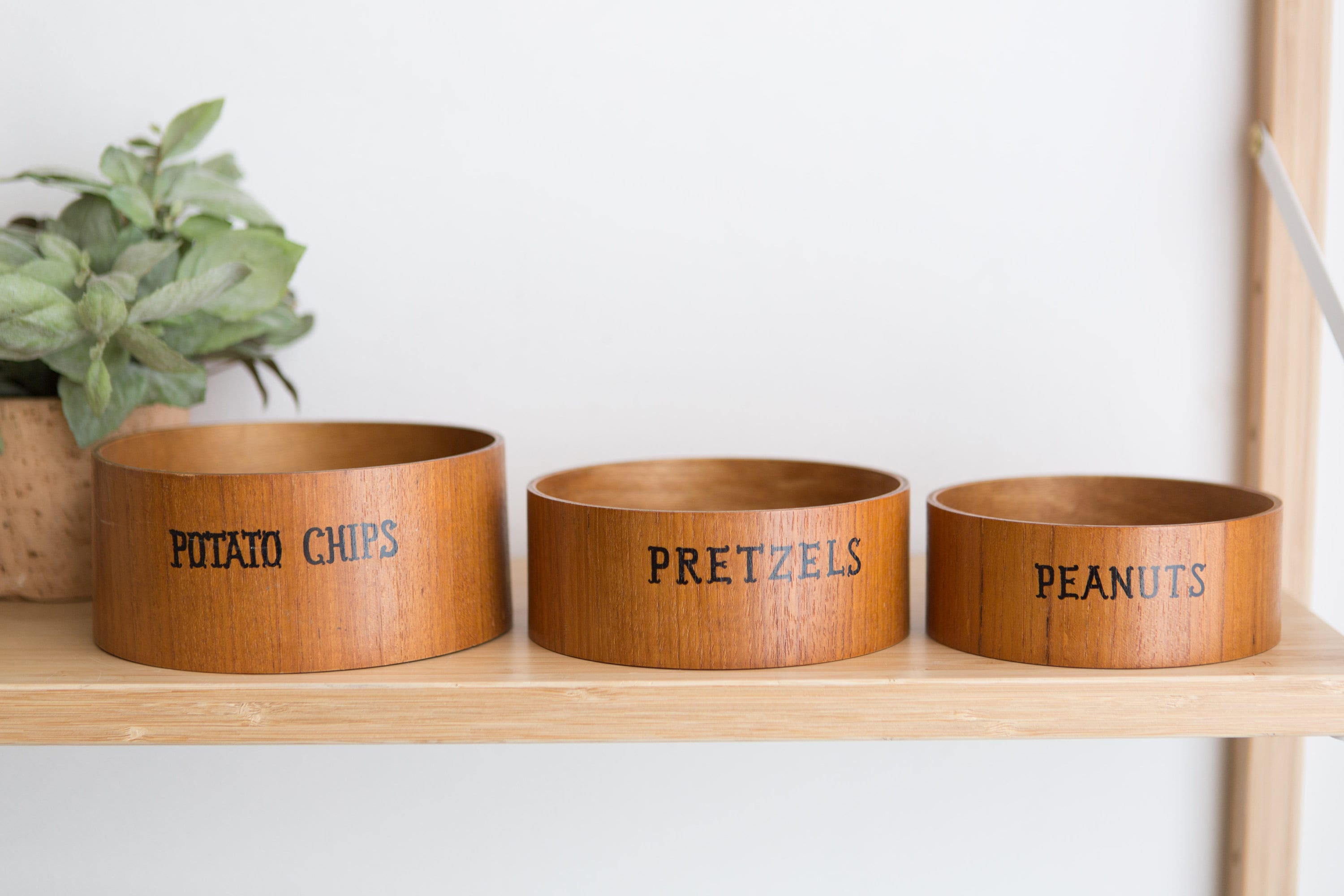 Vintage Snack Bowls Pretzels, Peanuts and Chip Wooden Food Safe Snack