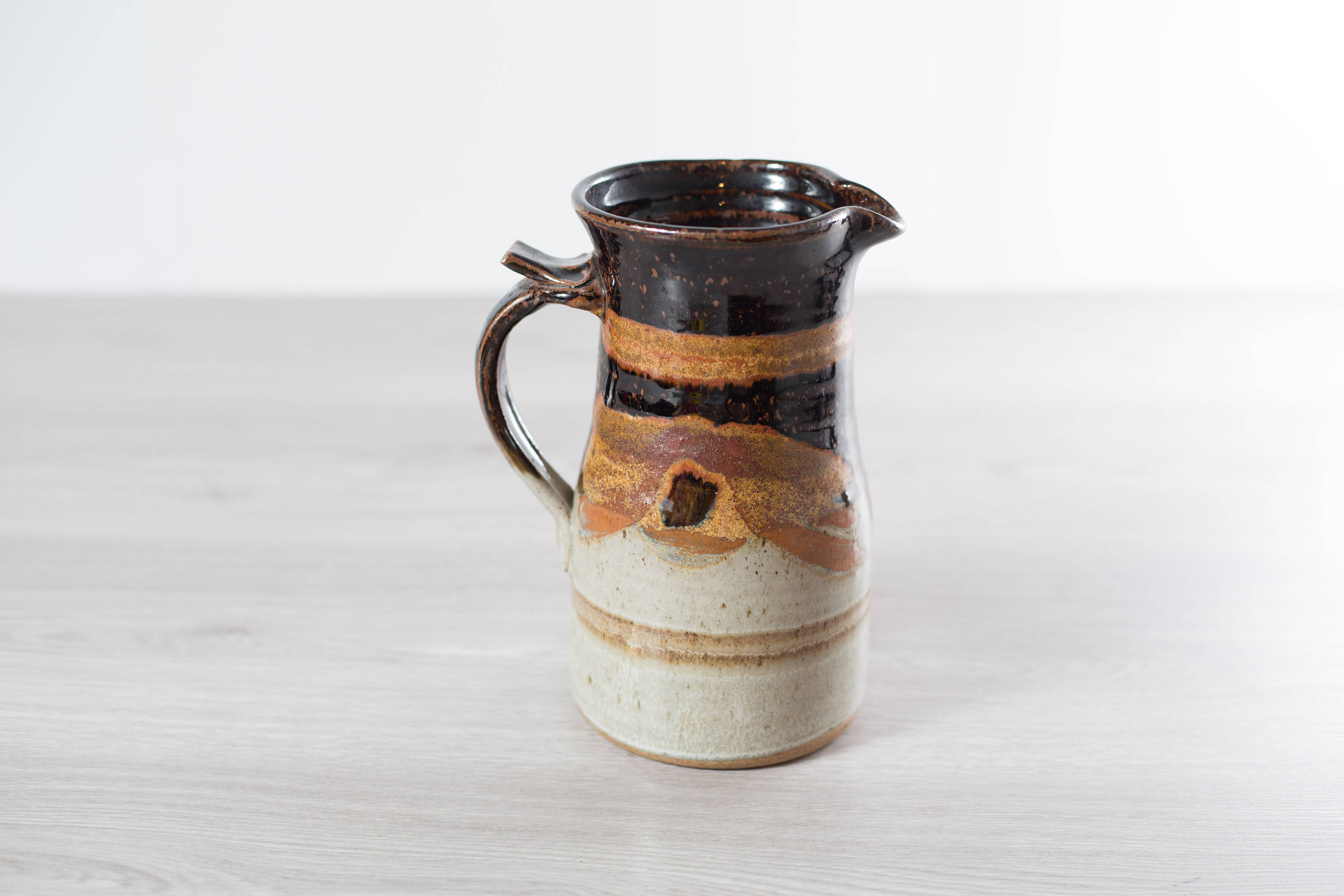 Vintage Ceramic Jug Vase / Brown and Cream Studio Pottery with Wavy