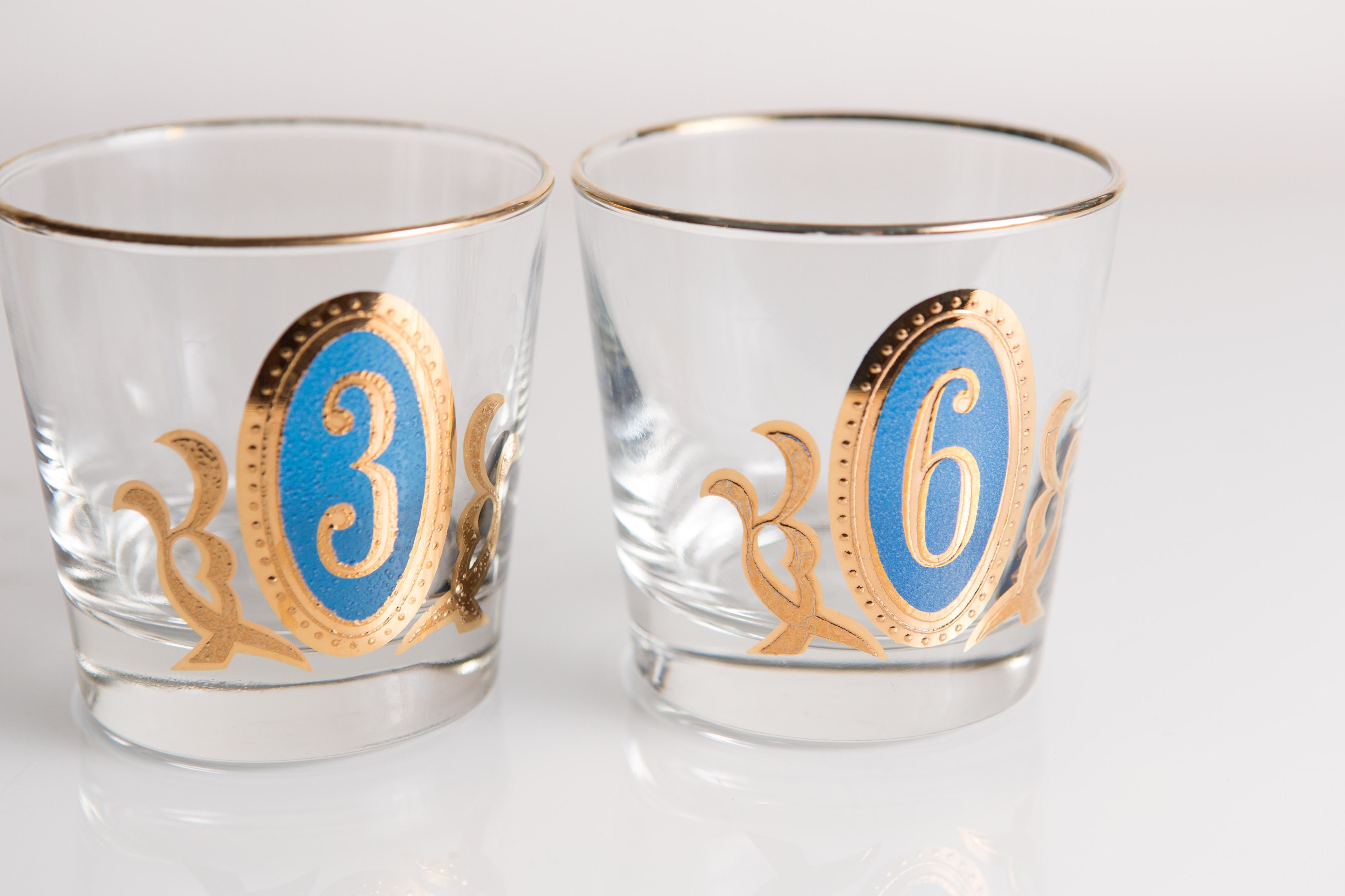 Gold Numbered Tumblers 8oz Vintage Lowball Drinking Glasses Retro