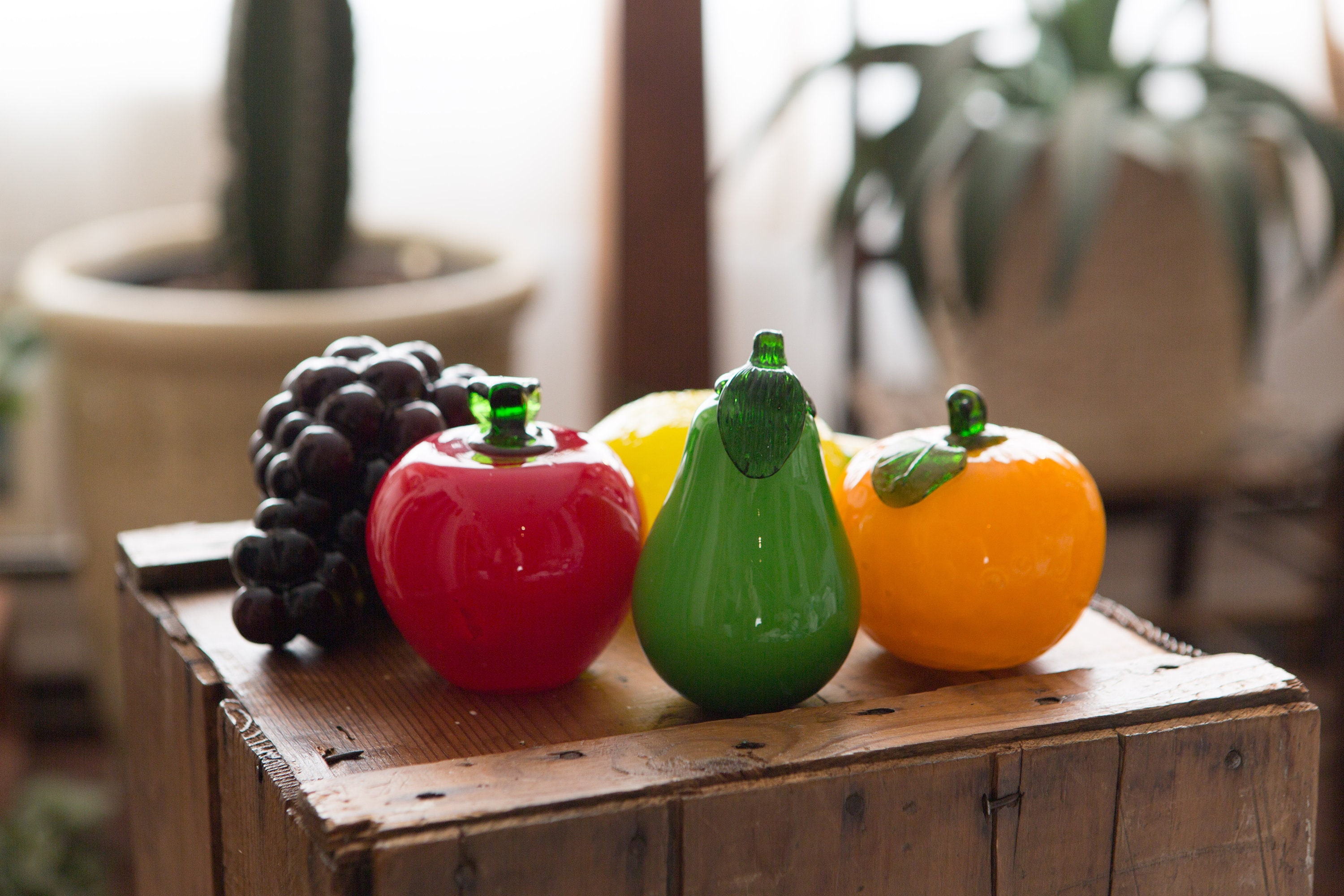 Vintage Glass Fruit Set of 6 Blown Glass Art Yellow Banana, Purple