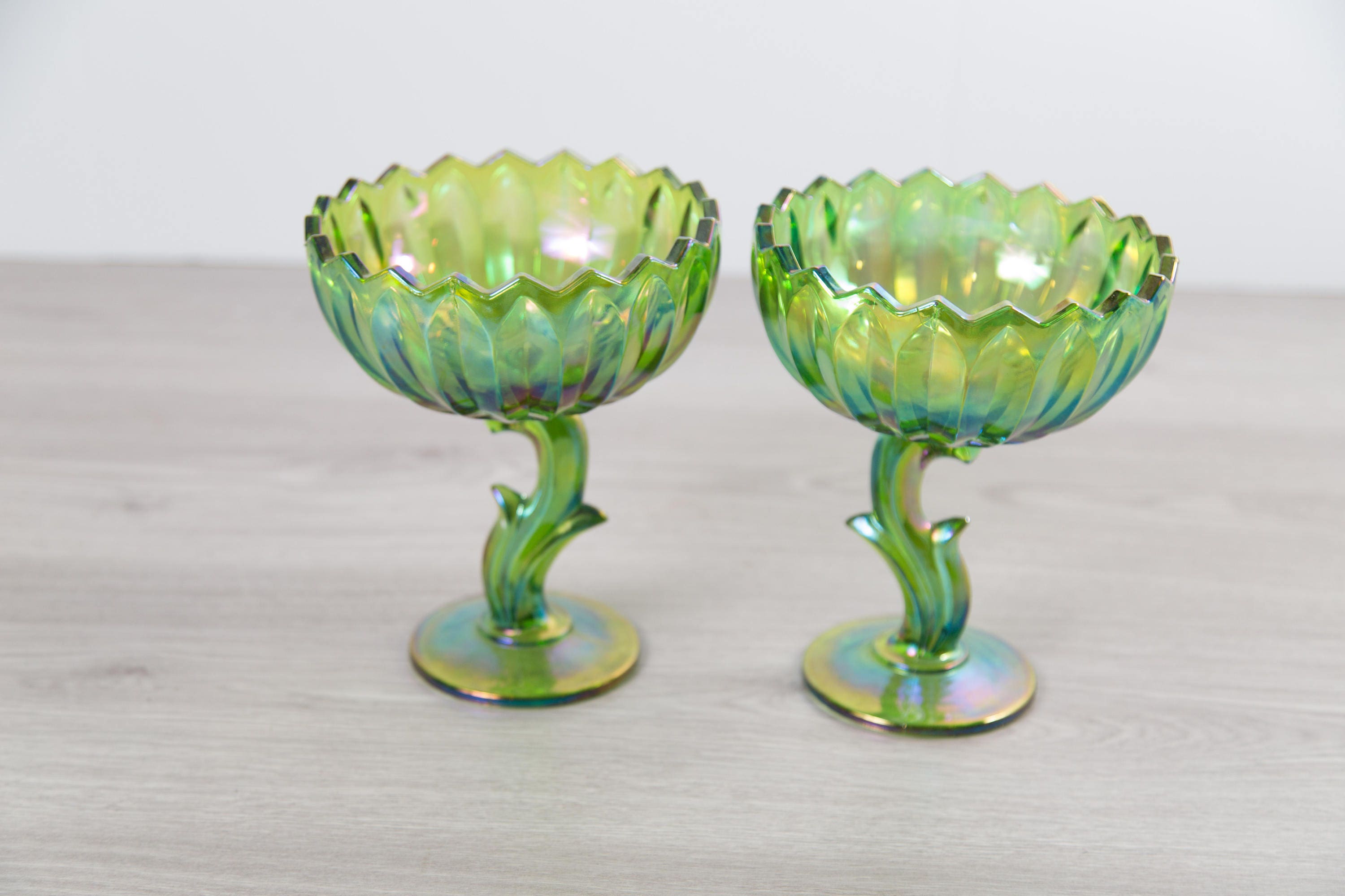 Vintage Iridescent Candy Dish Antique Green Petal Stemmed Indiana