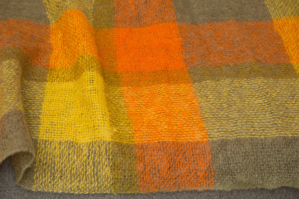 Orange Plaid Blanket / HBC Hudson's Bay Mohair and Wool Throw Vintage