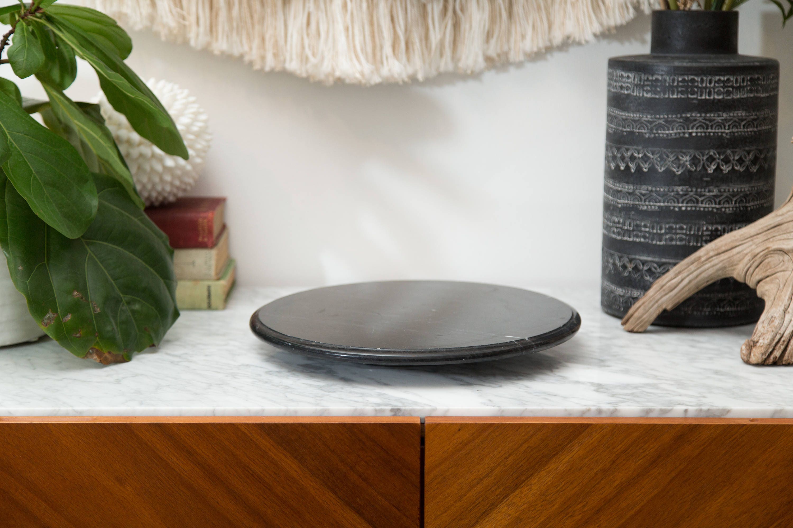 Black Marble Tray Vintage Dark Marbled Stone Round Serving Tray