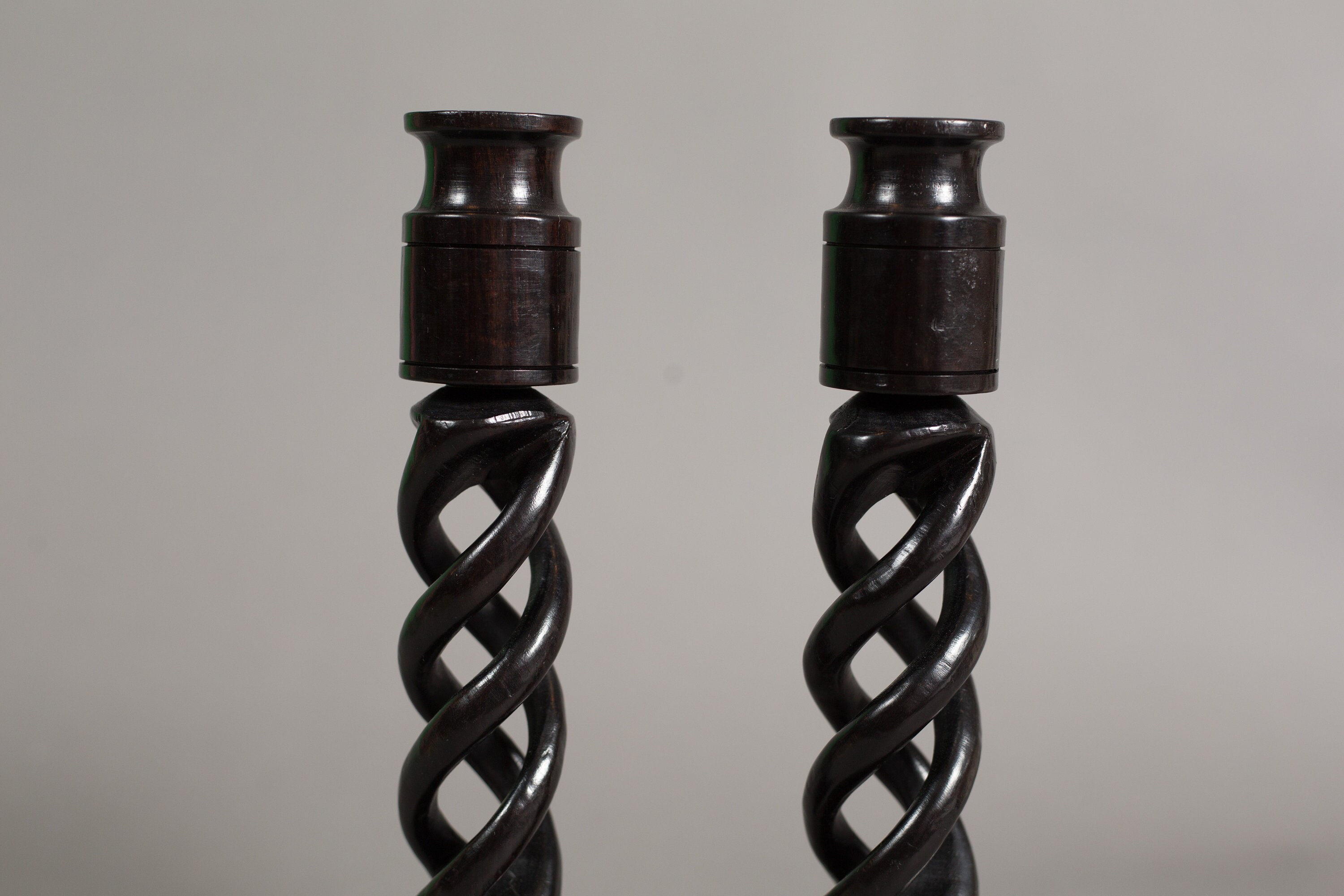 Ebony Candlestick Holders Vintage Dark Solid Wood Mahogany Barley