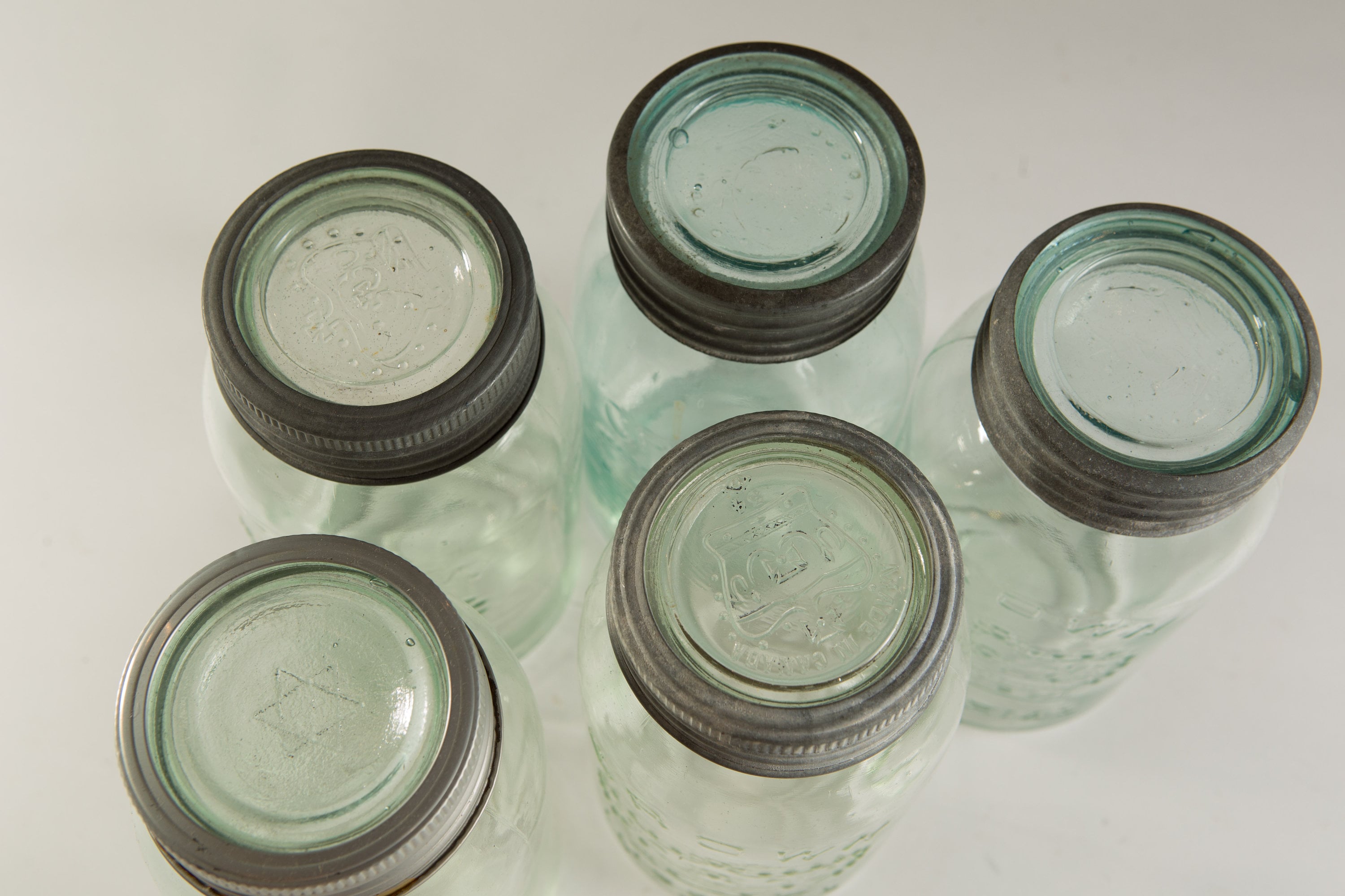 5 Vintage Crown Canning Mason Jars with Blue Glass and Zinc Lid (Made