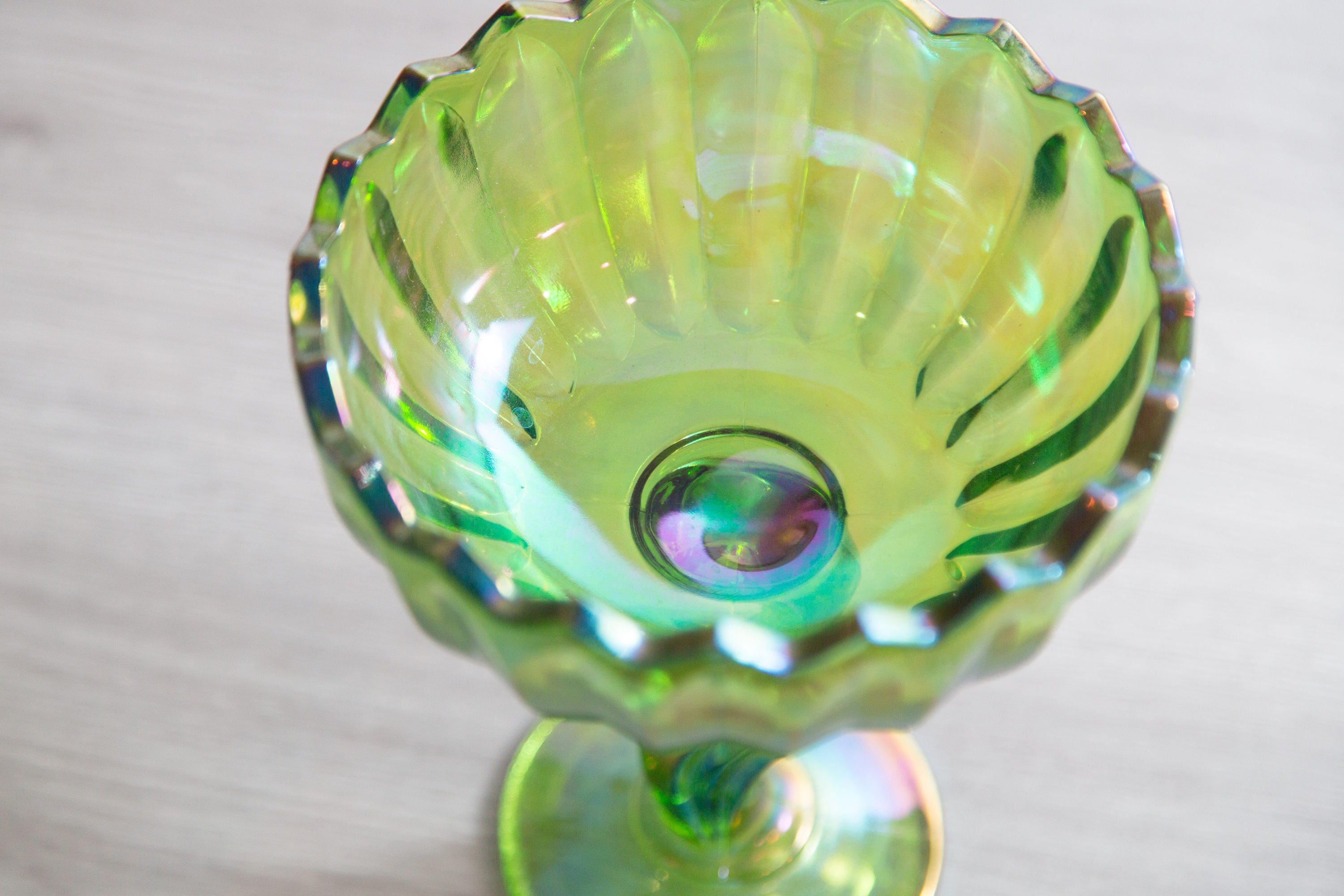 Vintage Iridescent Candy Dish Antique Green Petal Stemmed Indiana