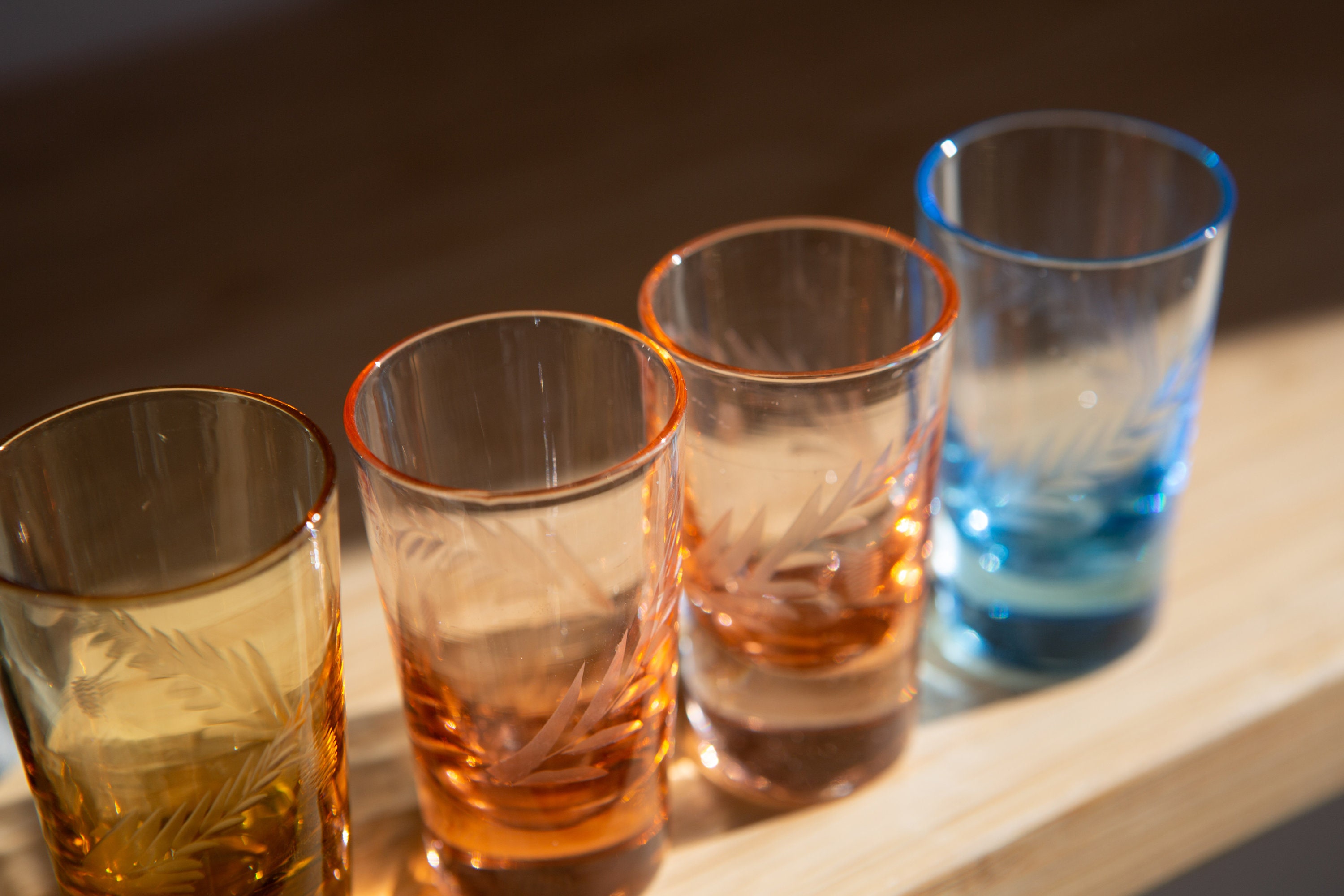 Set of 4 Vintage Colored Shot glasses with Etched Floral Design 1960