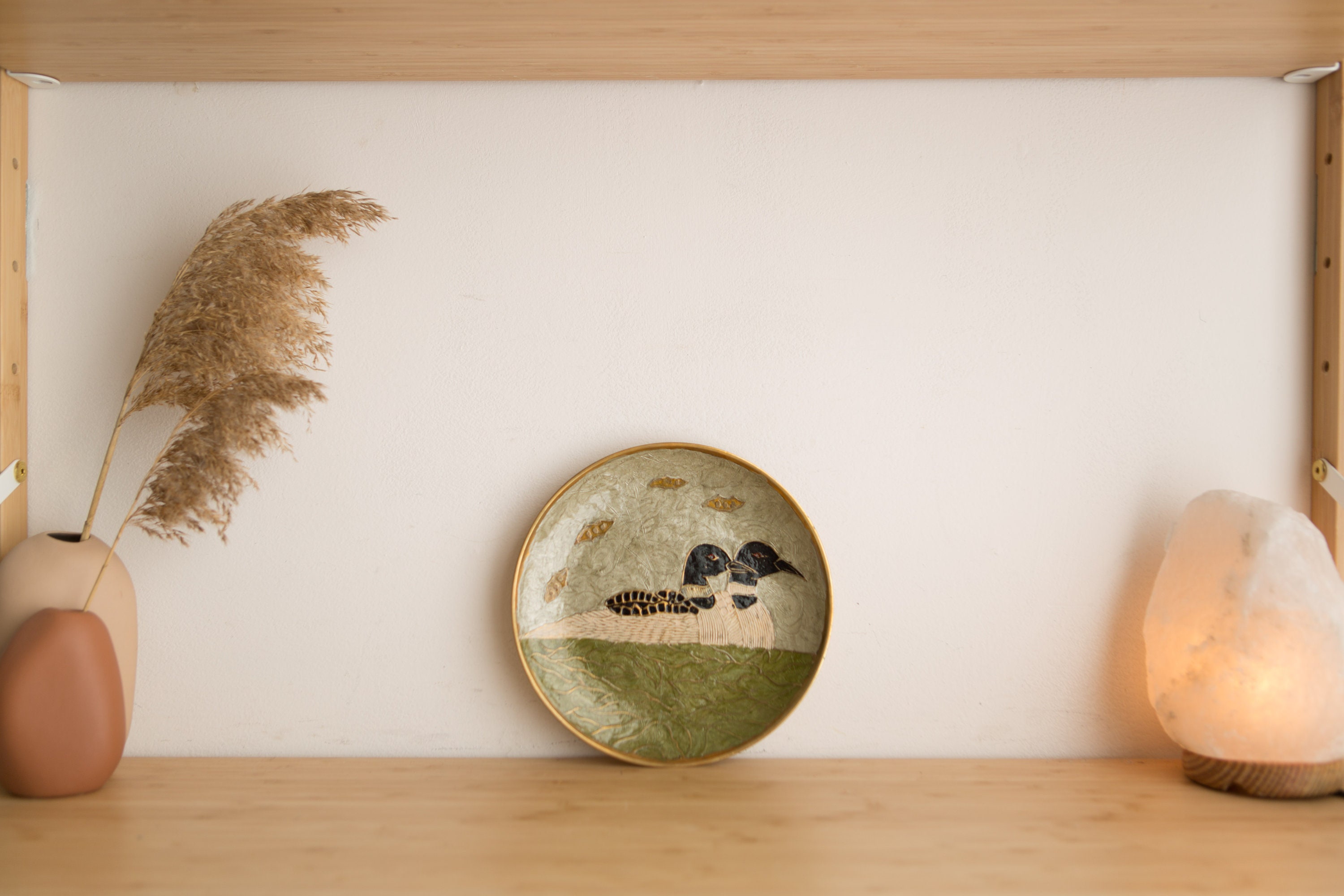 Vintage Brass Loon Wall Plate Decorative Canadian Wildlife Themed Plate with Birds