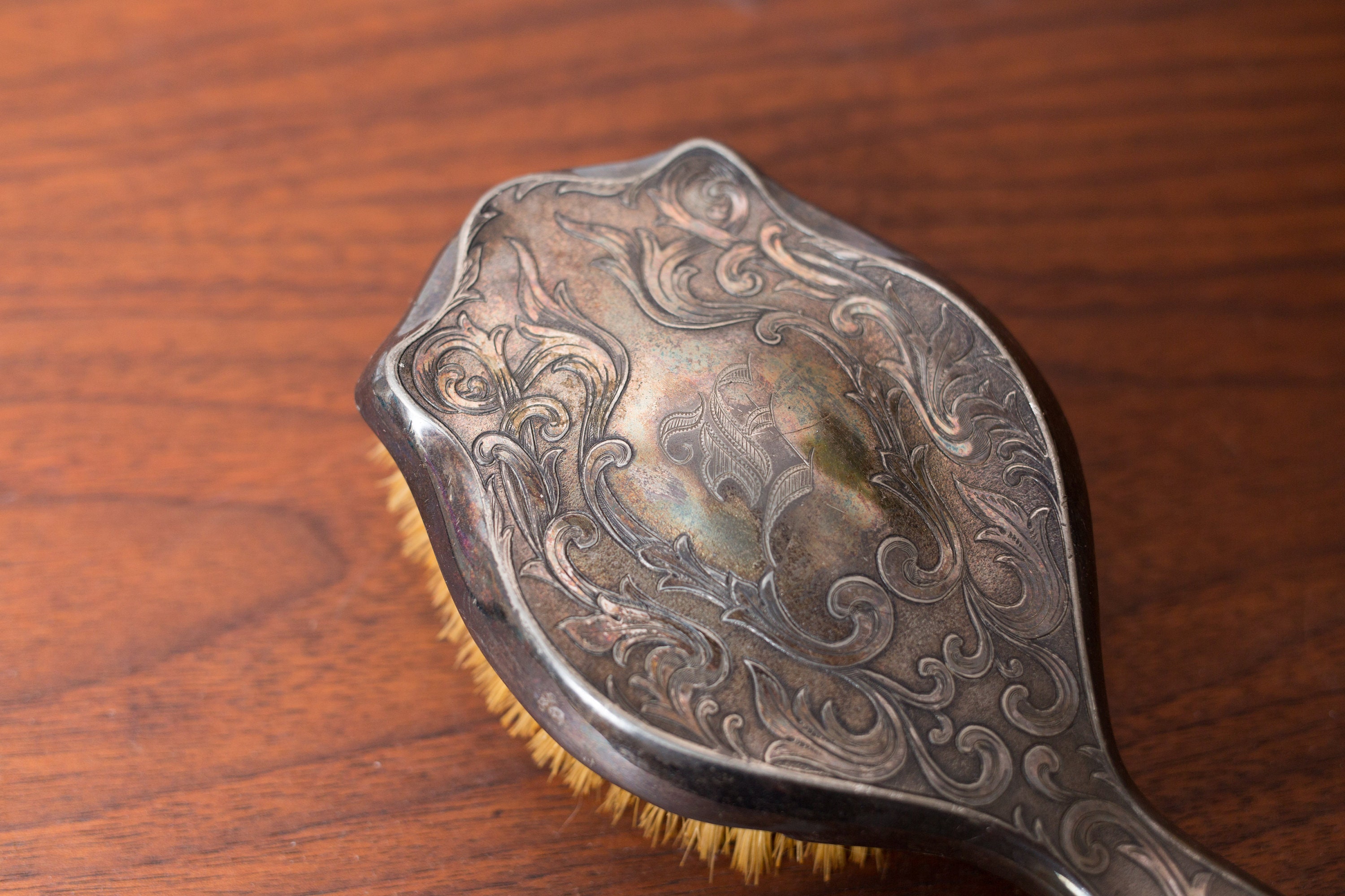 Vintage Hair Brush Silver Plated Ornate Floral Damask Leafy Metal