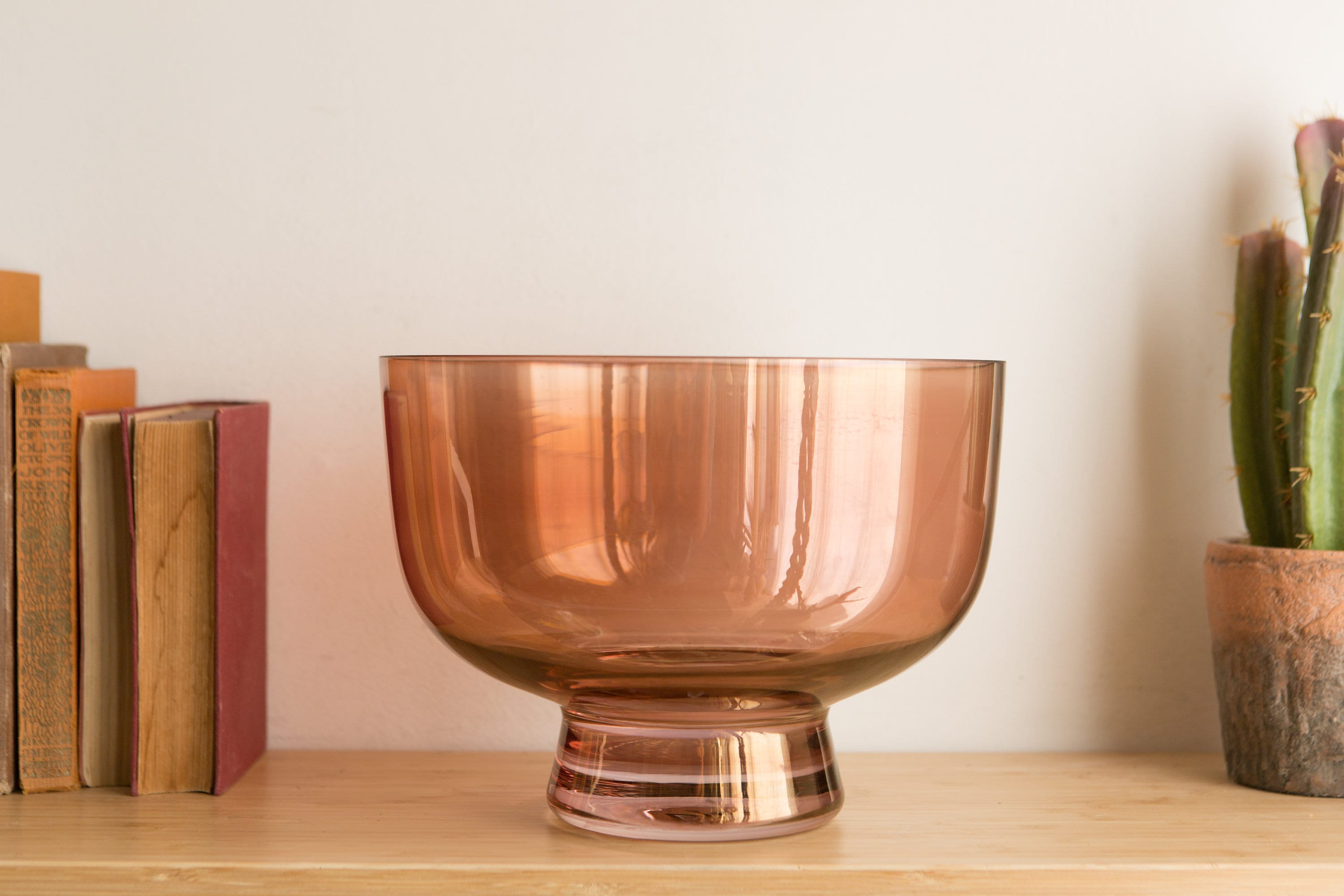 Large Glass Bowl Decorative Handblown Bronze Colored Salad Bowl Hand Cut Art Glass Mid