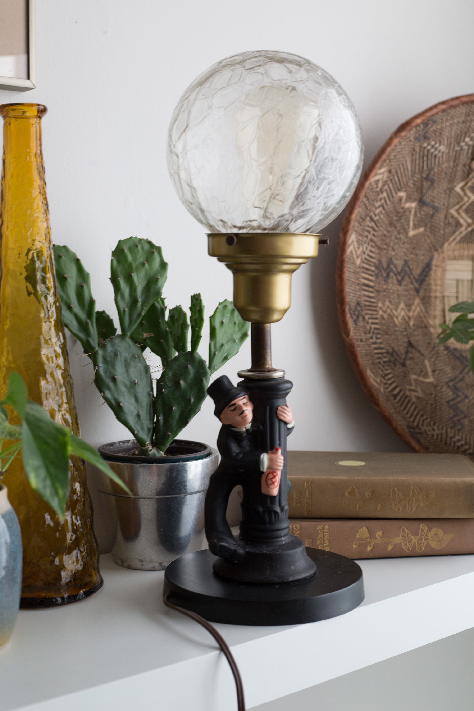 Figural Bedside Lamp Drunk Man in Suit and Top Hat Gripping Pole
